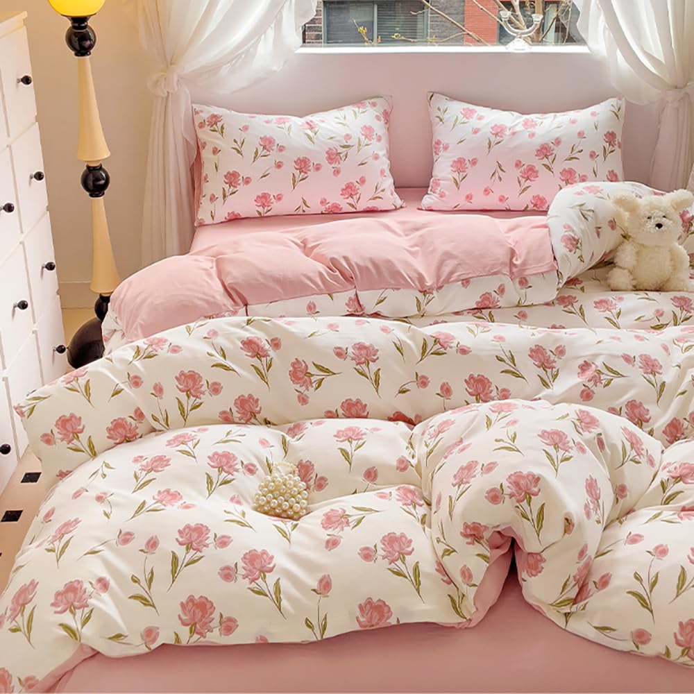 Covebett Duvet Cover Single Pink White Floral Flowers Botanical Meadow Reversible Bedding Set Pink Flower Print Microfiber Comforter Cover 135x200 cm with Zipper Closure and 1 Pillowcase 50x75 cm - Image 2