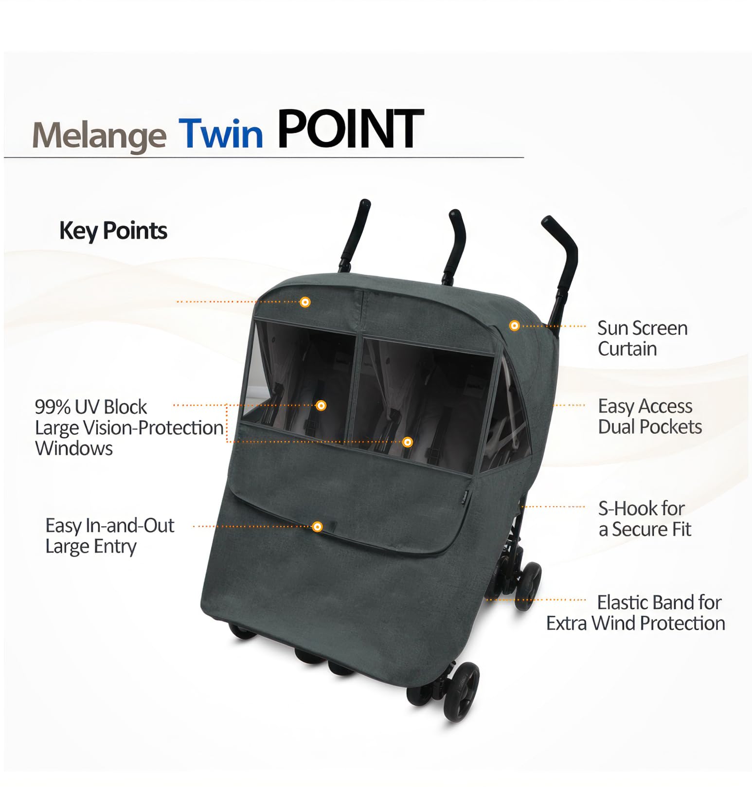 Manito Melange Twin/Double Stroller Weather Shield/Stroller Cover, Water-Repellent, Weather Protection for Rain, Snow, Wind & Cold, All Season (Charcoal Grey)