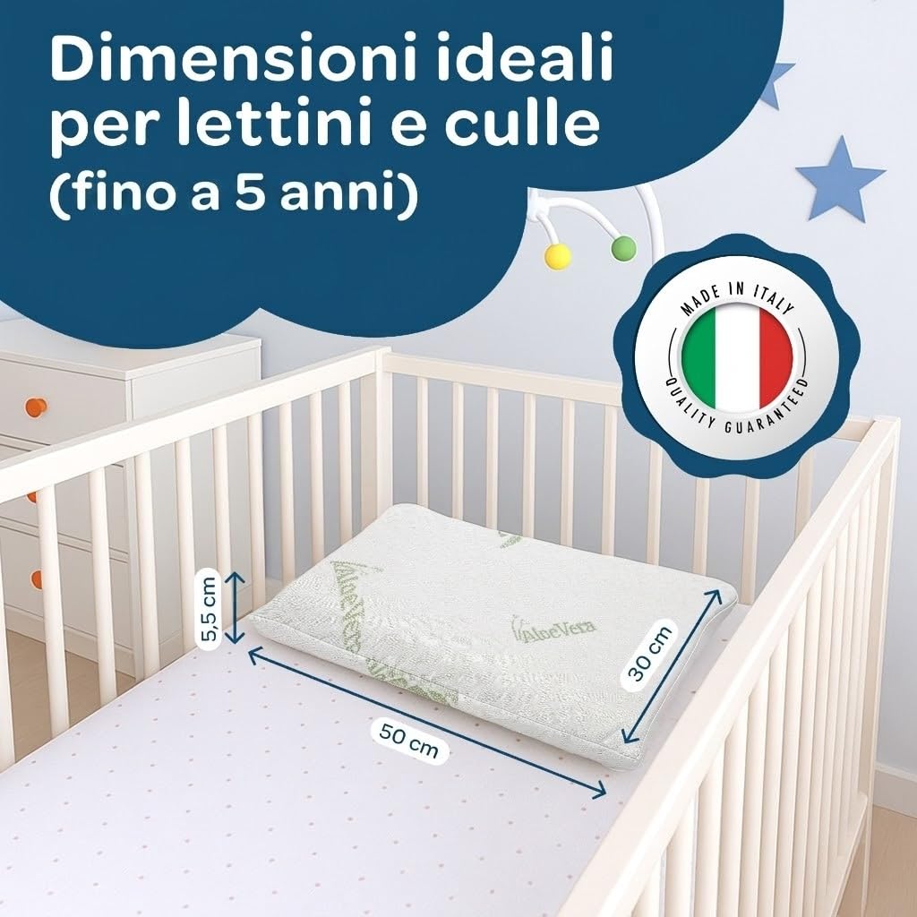 DOLCI SOGNI Cuscino Lettino Bambino fino a 5 anni | Antisoffoco 50x30 Memory Foam Spessore 5,5 cm, OEKO-TEX® e CertiPUR™ | Cuscino per Asilo | Cuscino da Viaggio Modello Aloe 100% Made in Italy