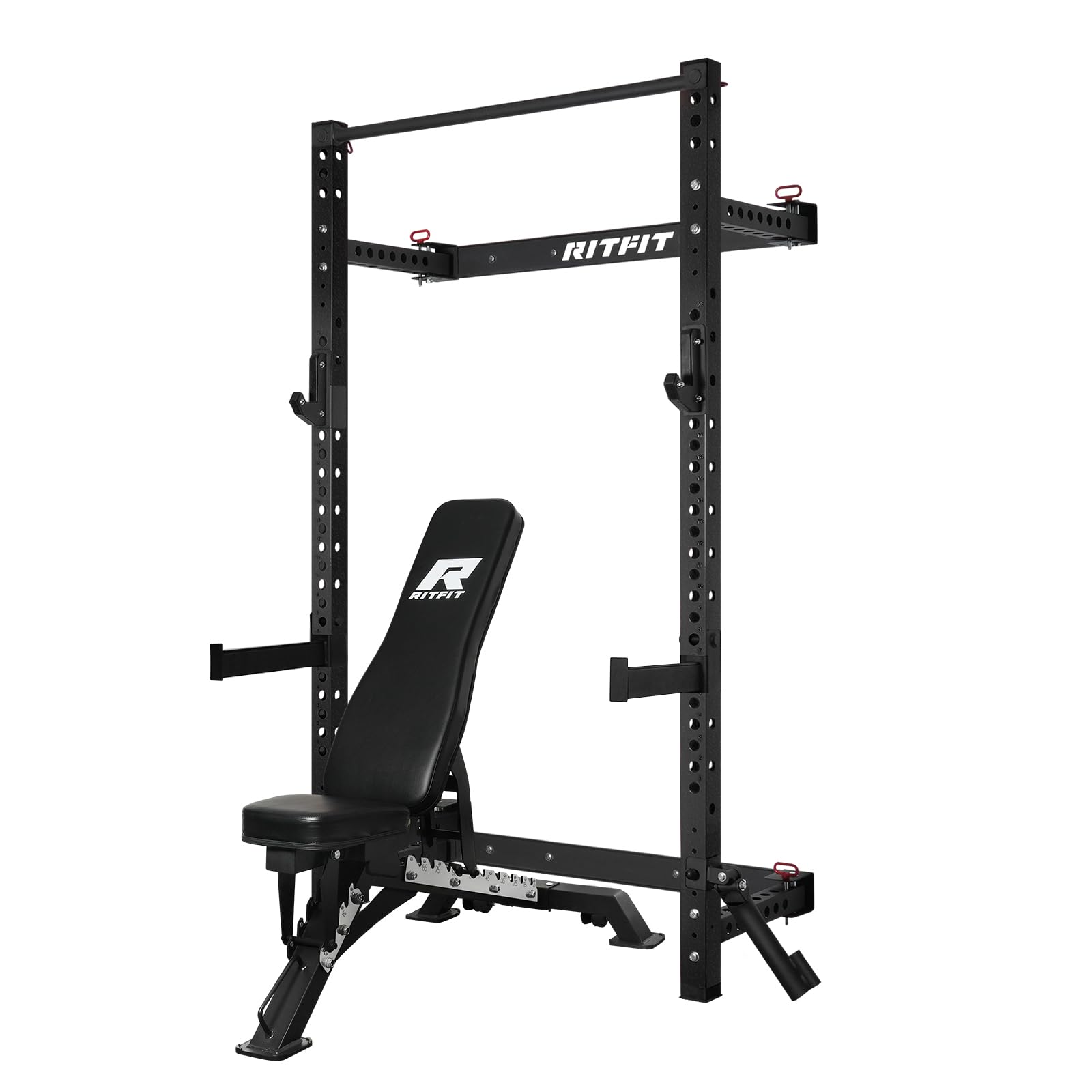 RitFit Multi-Functional Folding Squat Rack for Home Gym, 2.36'' x 2.36'' Wall Mounted Squat Rack with Attachments - Space Saving Squat Power Rack, Black