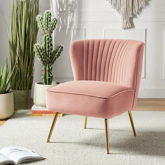 Image of Modern Upholstered Accent Velvet Chair Single Seater Channel Tufted Wing Back Chair with Golden Matel Legs for Living Room, Bedroom, Dining Room, Pink