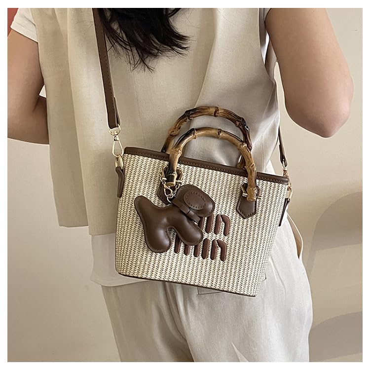 Woven Bucket Bag Crossbody HandBag Purse, Bamboo-Style Handle & Cute Dog Charm, Gift for Friend Her3
