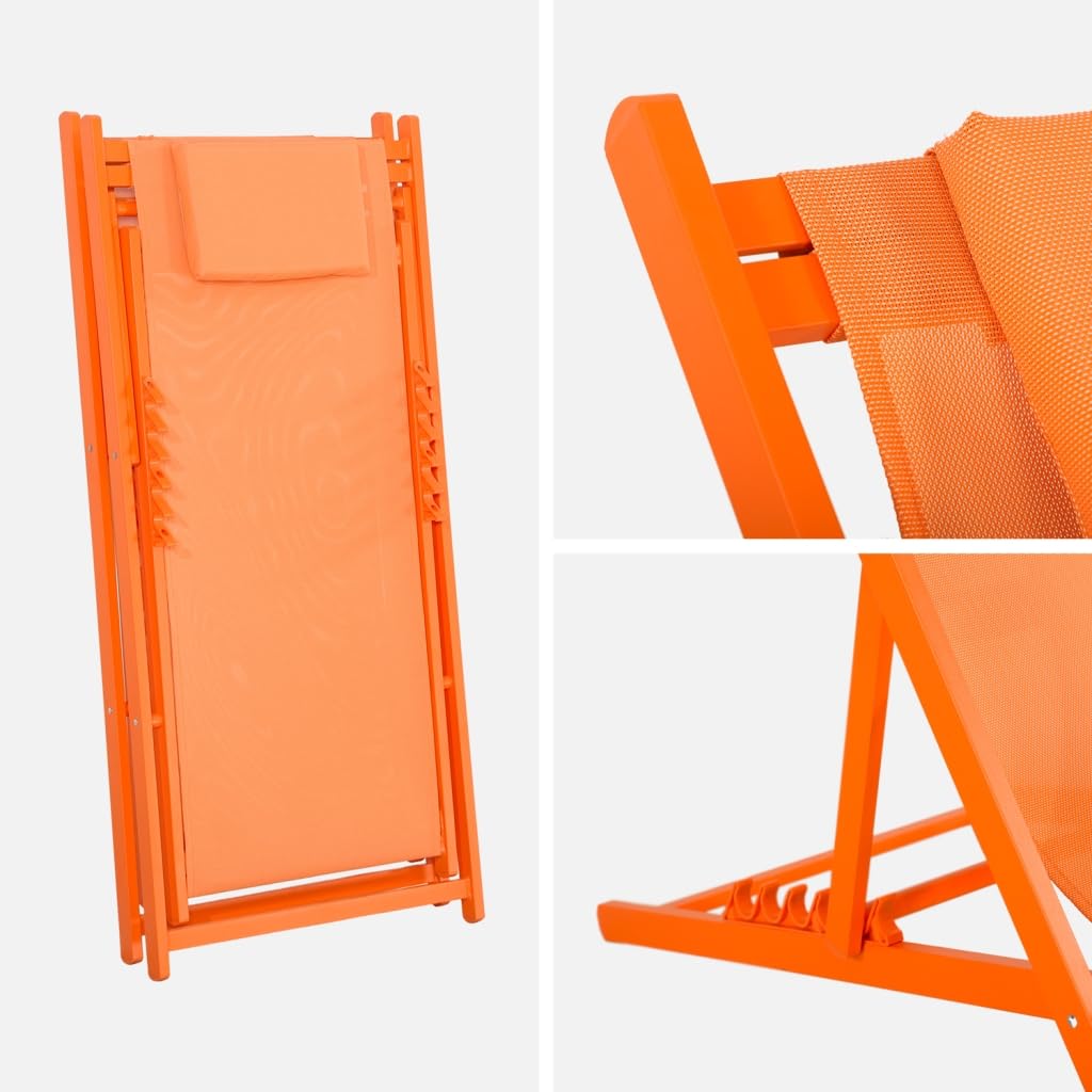 Alice's Garden sweeek - Lot de 2 Bains de Soleil - Gaia Orange - Transat en Aluminium Gris Anthracite et textilene Orange avec Coussin Repose tête. chilienne