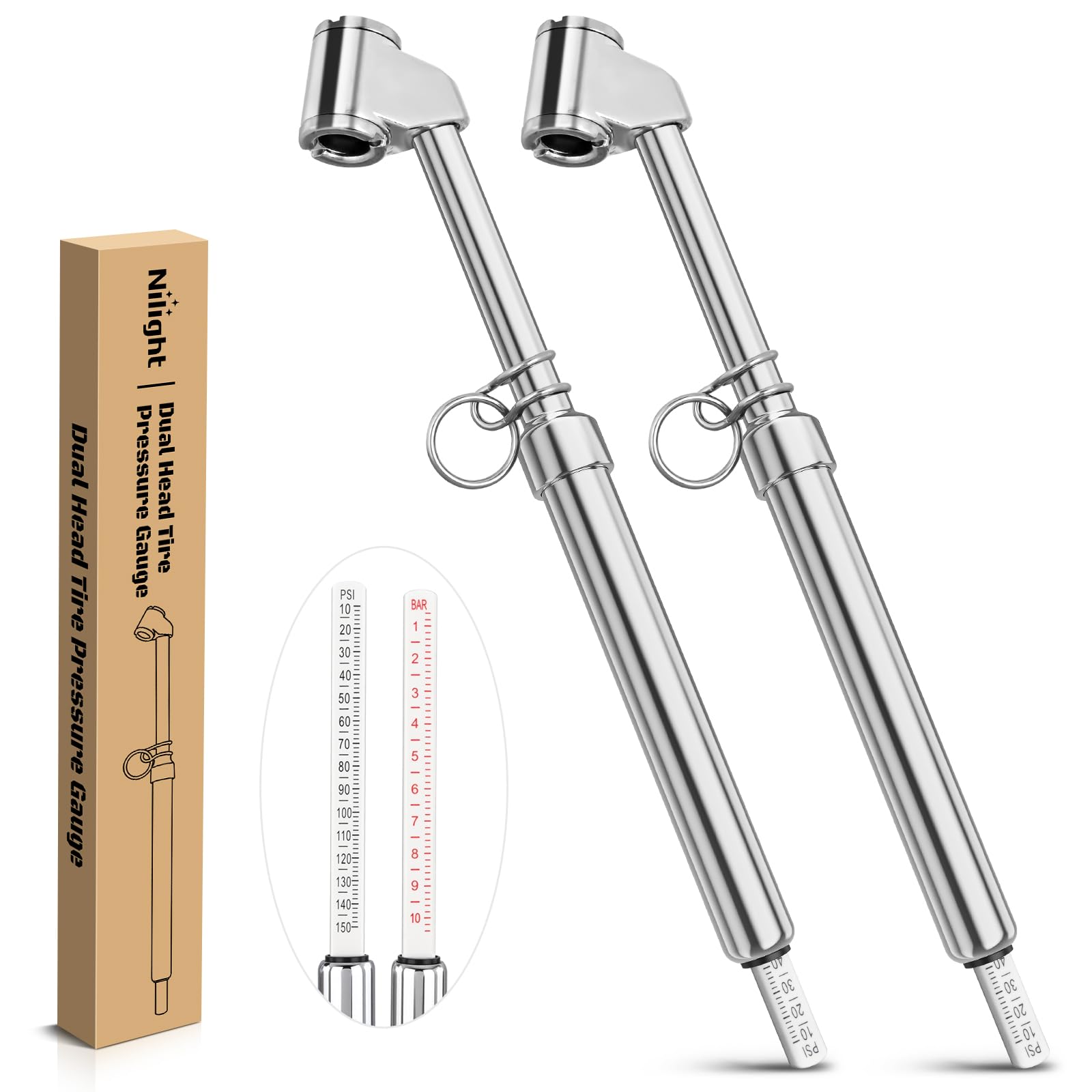 Nilight 2 Pack Dual Head Tire Pressure Gauge 10-150PSI Heavy Duty