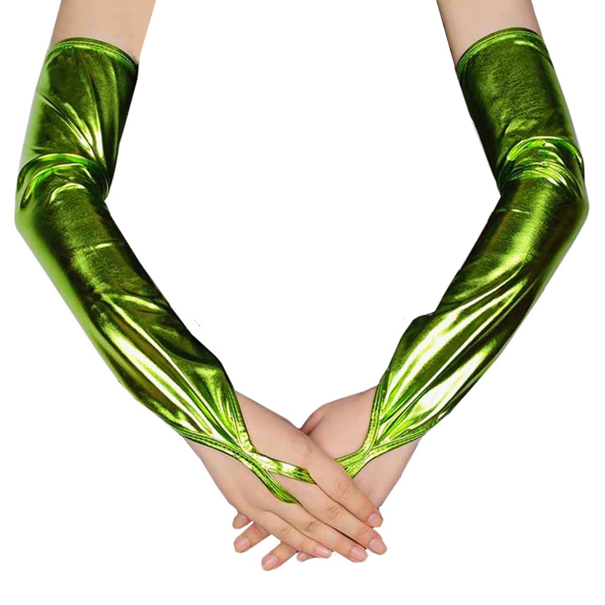Hybursky Women's Green Metallic Fingerless Long Gloves, Patent Leather Shiny Elbow Length Opera Gloves For Evening Party Masquerade Rave Stage Performance Cosplay Costume Night Club Dancewear (Green)