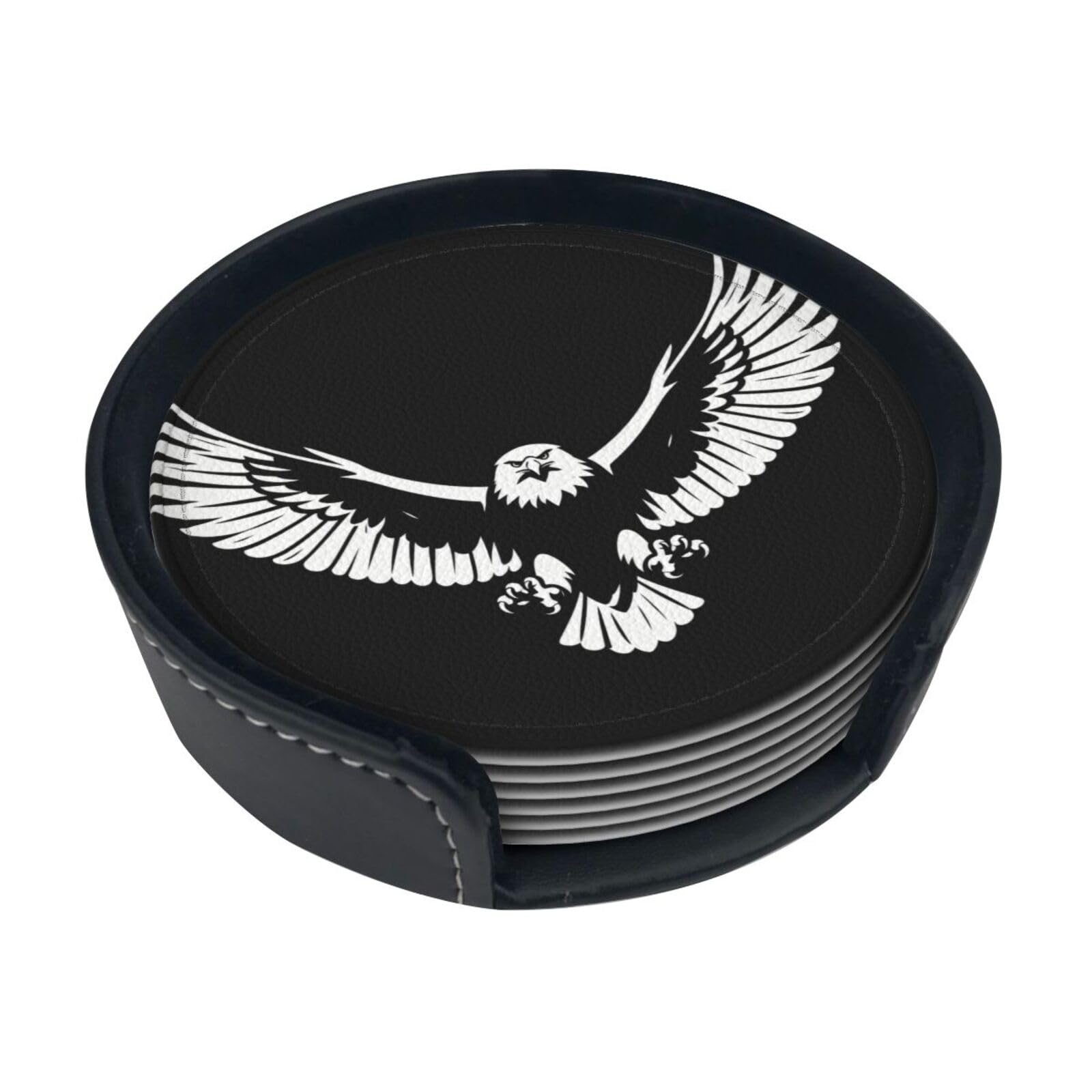 Cntdbu White Black And Eagle Leather Coasters Set Of 6-Pu Leather Drink Mats For Table, Heat Resistant Round Coasters With Holder
