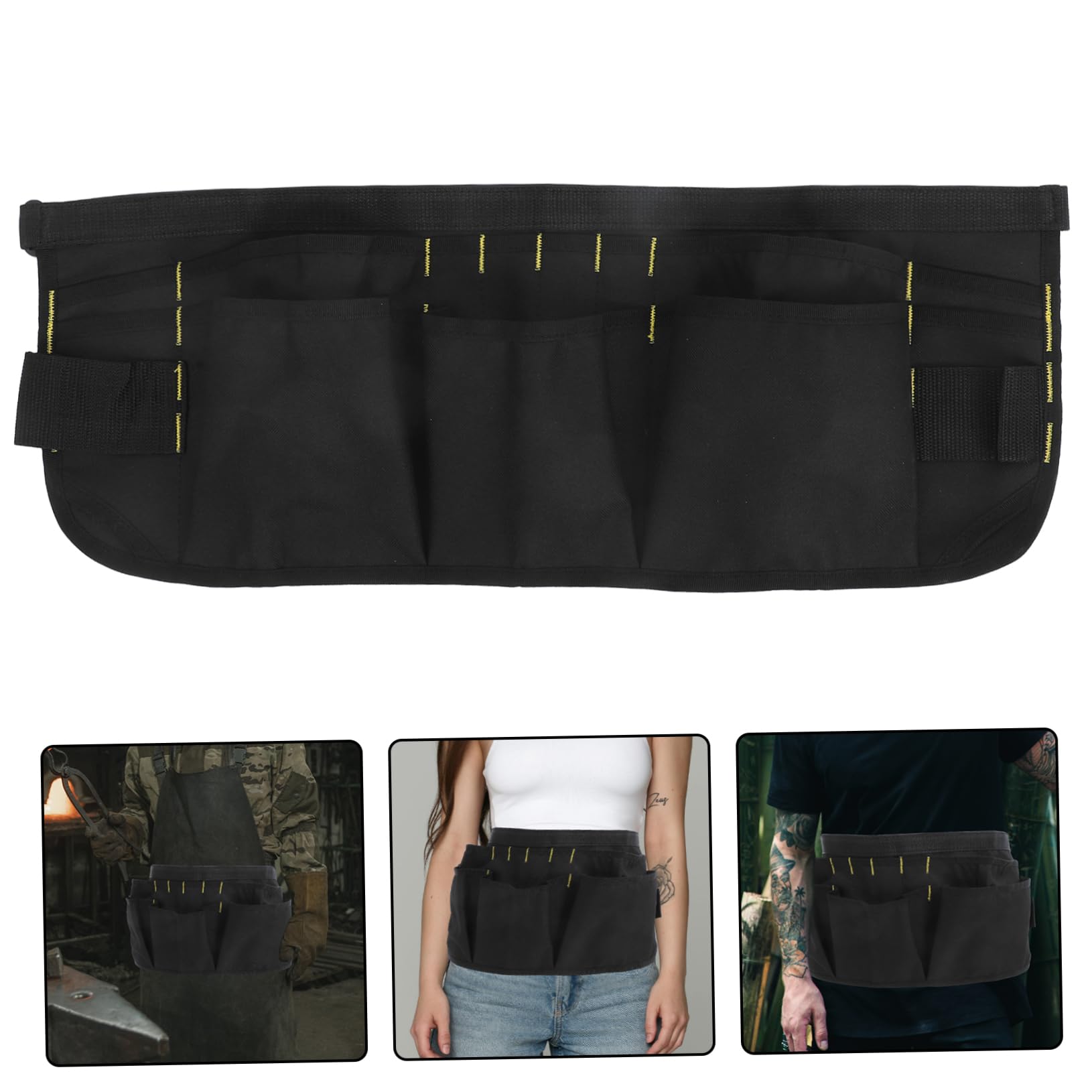 Grembiule da Carpentiere a Mezza Lunghezza in Canvas Nero con Tasche