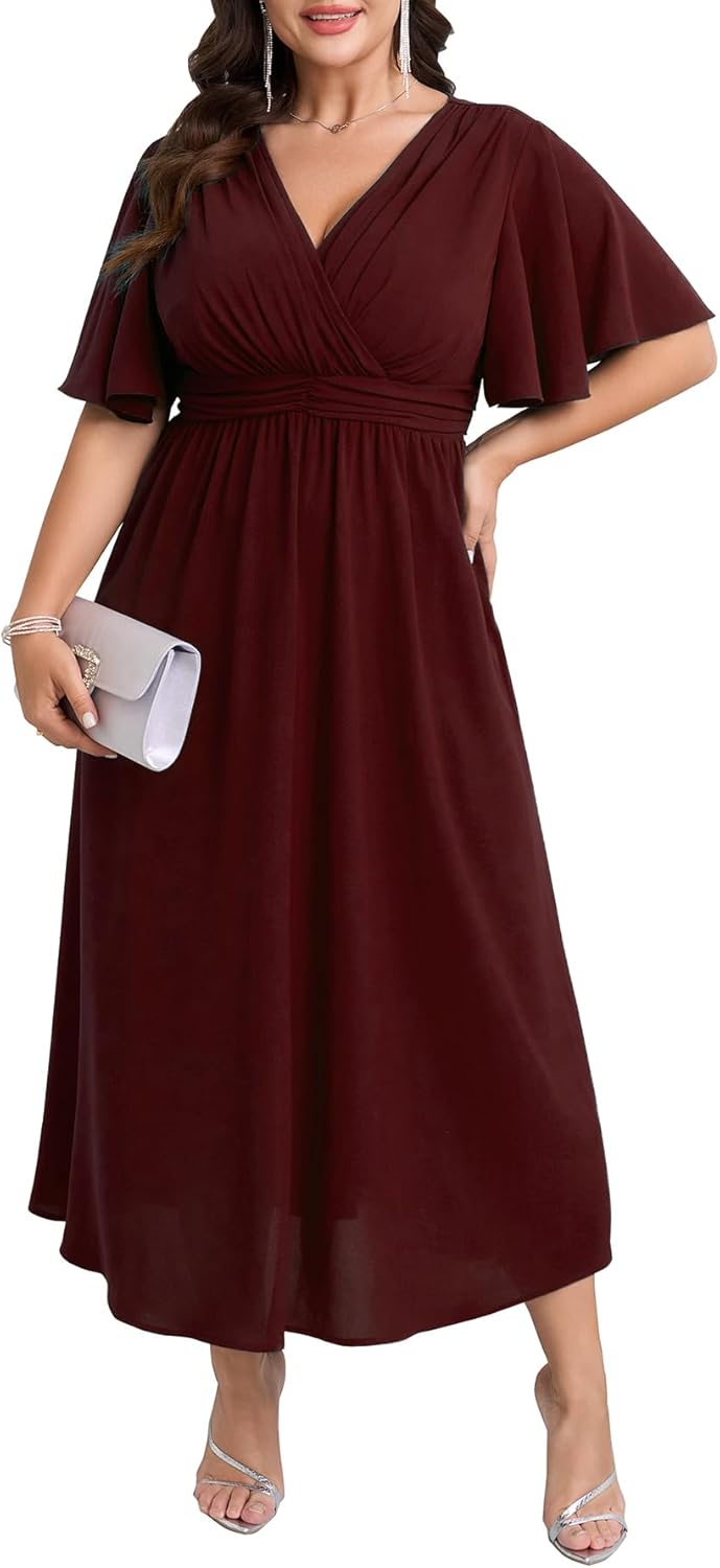 Womens Plus Size Wrap V Neck Dress Short Flutter Sleeve Pleated Empire Waist Ruffle A Line Maxi Long Dresses