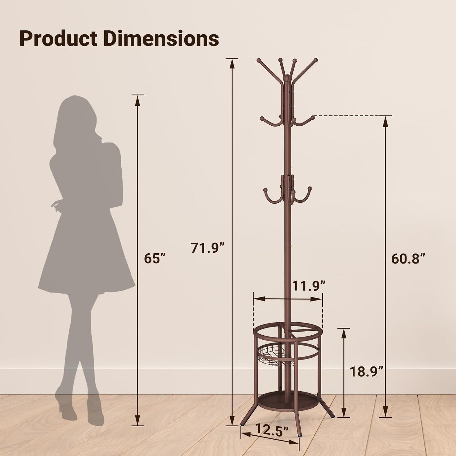 Diagram showing product dimensions of the ELYKEN HCR coat rack