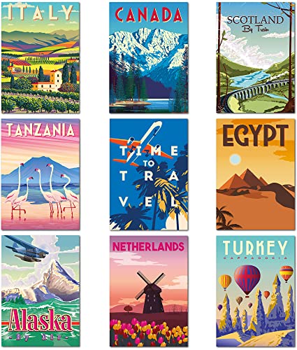 Olivia Samuel Lot de 9 posters de voyage vintage de format A4 sur carton épais de 350 g/m². Ensemble de 2 ** SANS CADRE **