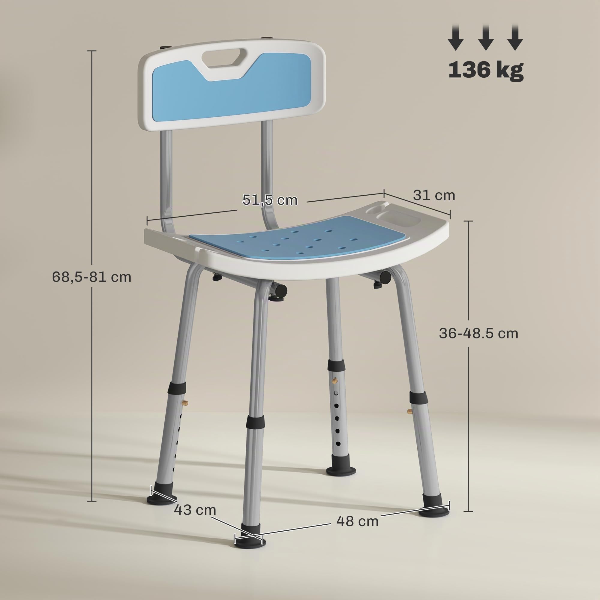 HOMCOM Silla Ducha Personas Mayores con Respaldo Antideslizante 136 kg | Silla de Ducha, Altura Ajustable en 6 Posiciones, para Ancianos y Discapacitados