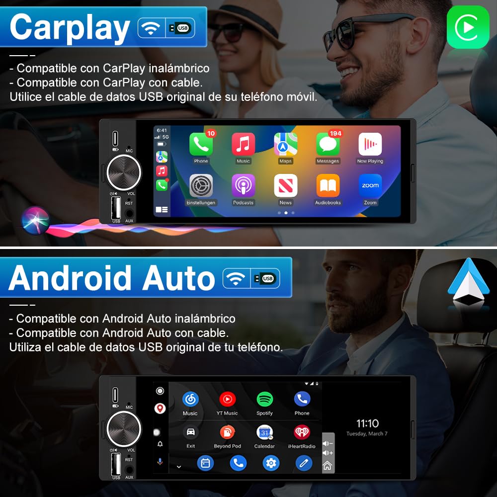 1 DIN Universal Radio Coche con Pantalla Táctil 6.36 Pulgadas, con CarPlay/AndroidAuto, Admite Carga Type-C/USB/Micrófono/FM/EQ/WiFi/GPS/Bluetooth/USB/SWC y Cámara Trasera