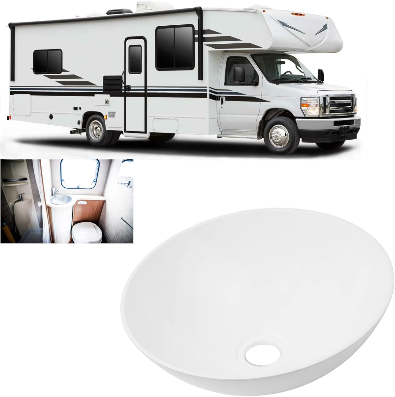 Vessel Sink, Round Bowl Modern Acrylic Vessel Sink White 327.6x129.1mm Sink Bowl for Caravans Campers Yachts Bathroom RV Parts and Accessories RV Parts and Accessories