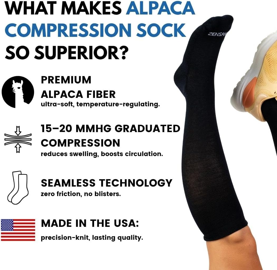 Zensah Alpaca Compression Socks (15–20 mmHg) for Running, Travel & Daily Support – Knee High – Made in USA