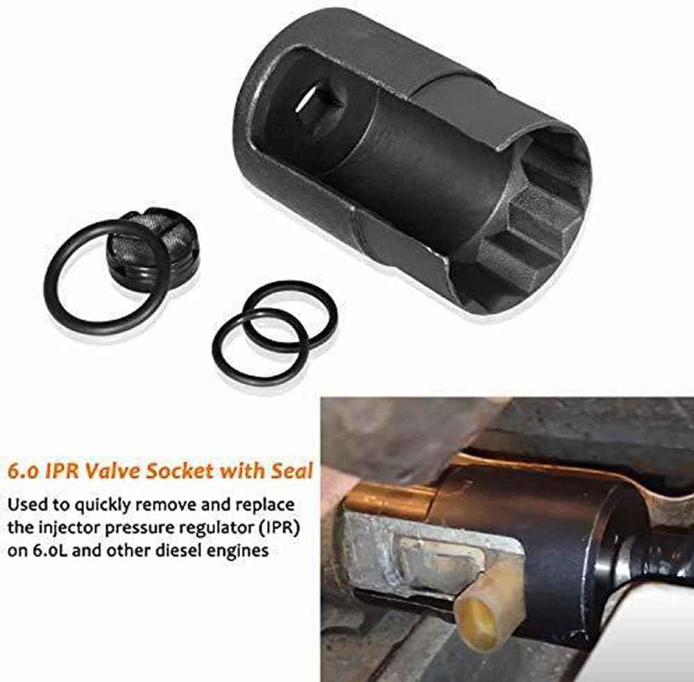6.0 High Pressure Oil Pump IPR Valve Air Test Fitting Tool, 6.0 IPR Valve Socket with Seal Kit and High Pressure Oil Rail Adapters Leak Test Kit Fit for Ford 6.0L Powerstroke Diesel Engine