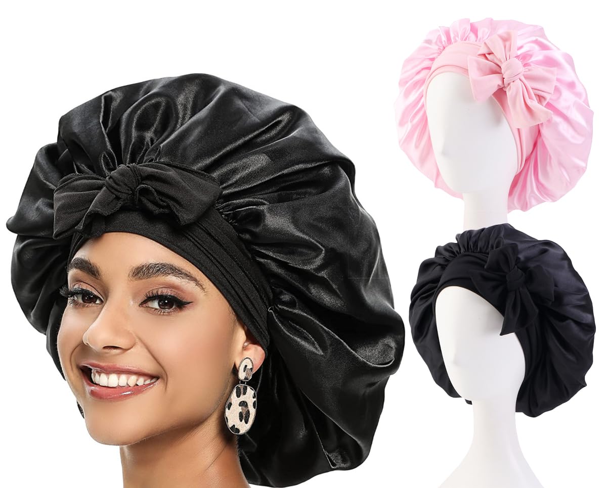2PCS Satin Bonnet Silk Bonnets for Sleeping, Women Satin Bonnets Hair Sleep Caps with Elastic Tie Band Natural Curly Hair, Pink and Black