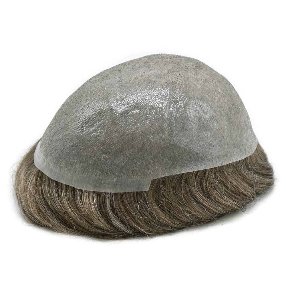 0.06mm Thin Skin Hairpieces for Men Toupee Hair Replacement Systems All V-loop Invisible Hairpiece for Mens Real Human Hair Systems #750#7 Very Light Brown+50% Grey 8X10-80% Density