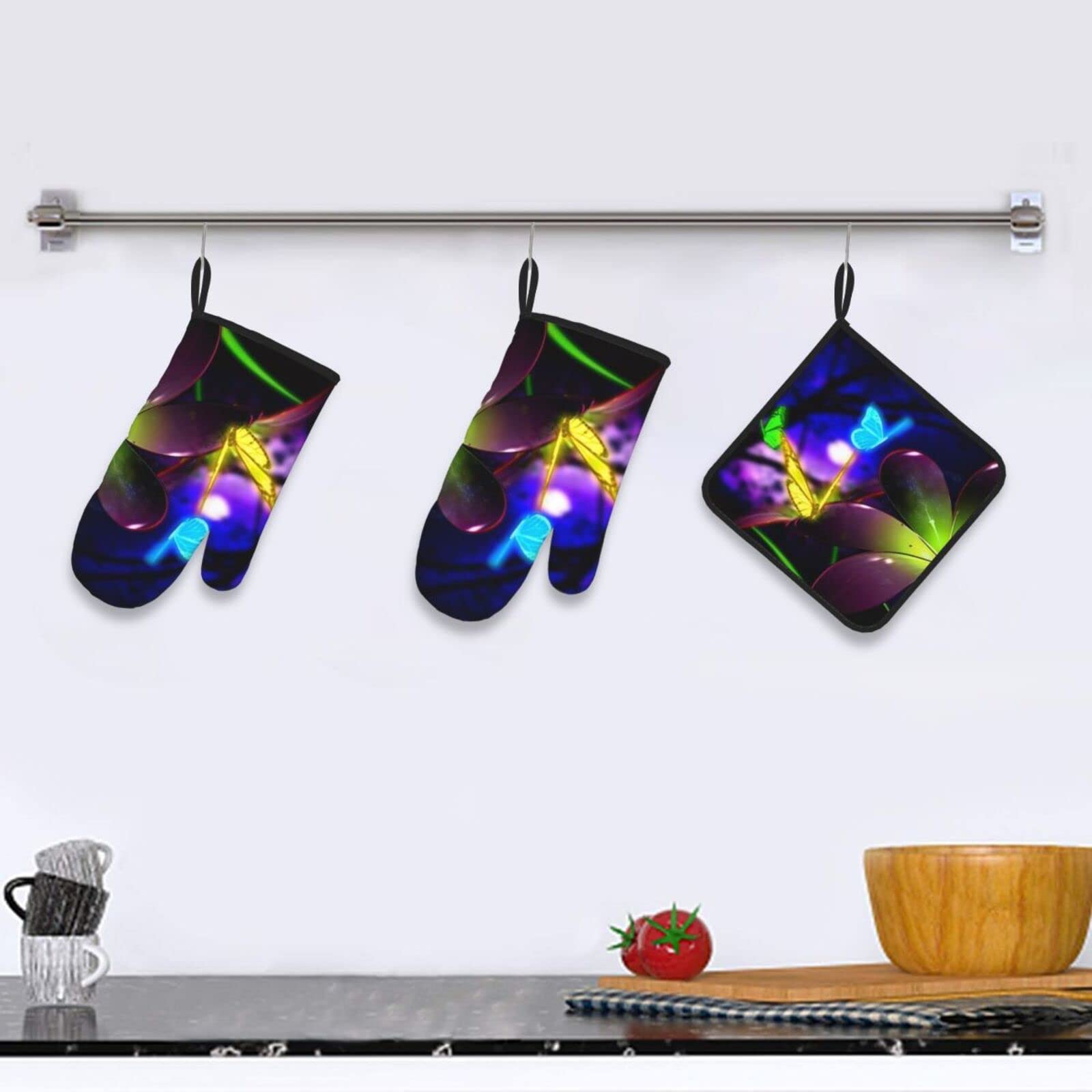 Set Cucina: 1 Guanto E 2 Presine In Cotone Con Stampa Fiori - Resistenti Al Calore Per Forno E Barbecue - Foto 2