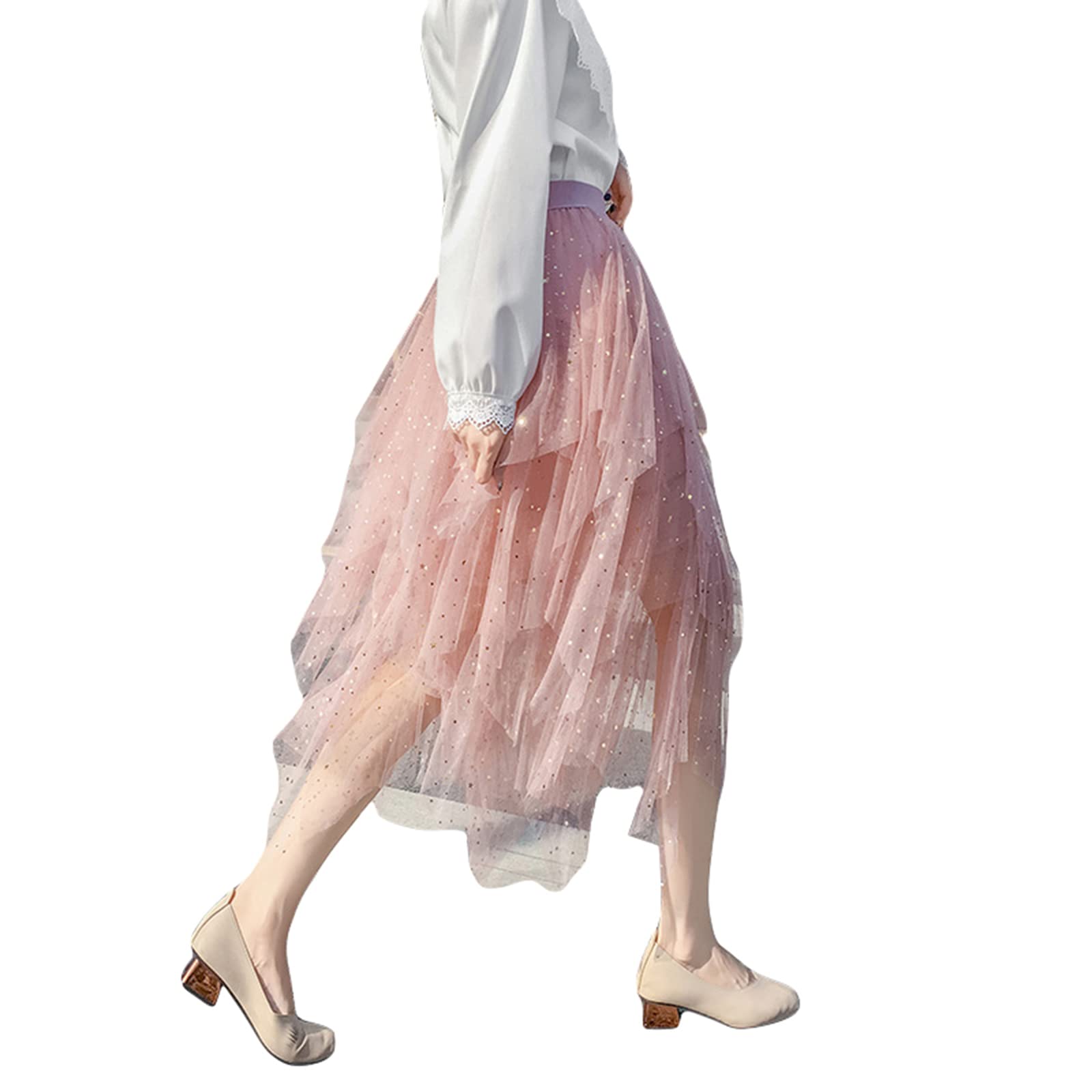 Jupes asymétriques en tulle pour femme - Taille haute élastique - Jupe tutu plissée - Jupe midi décontractée en maille, Rose pailleté, taille unique