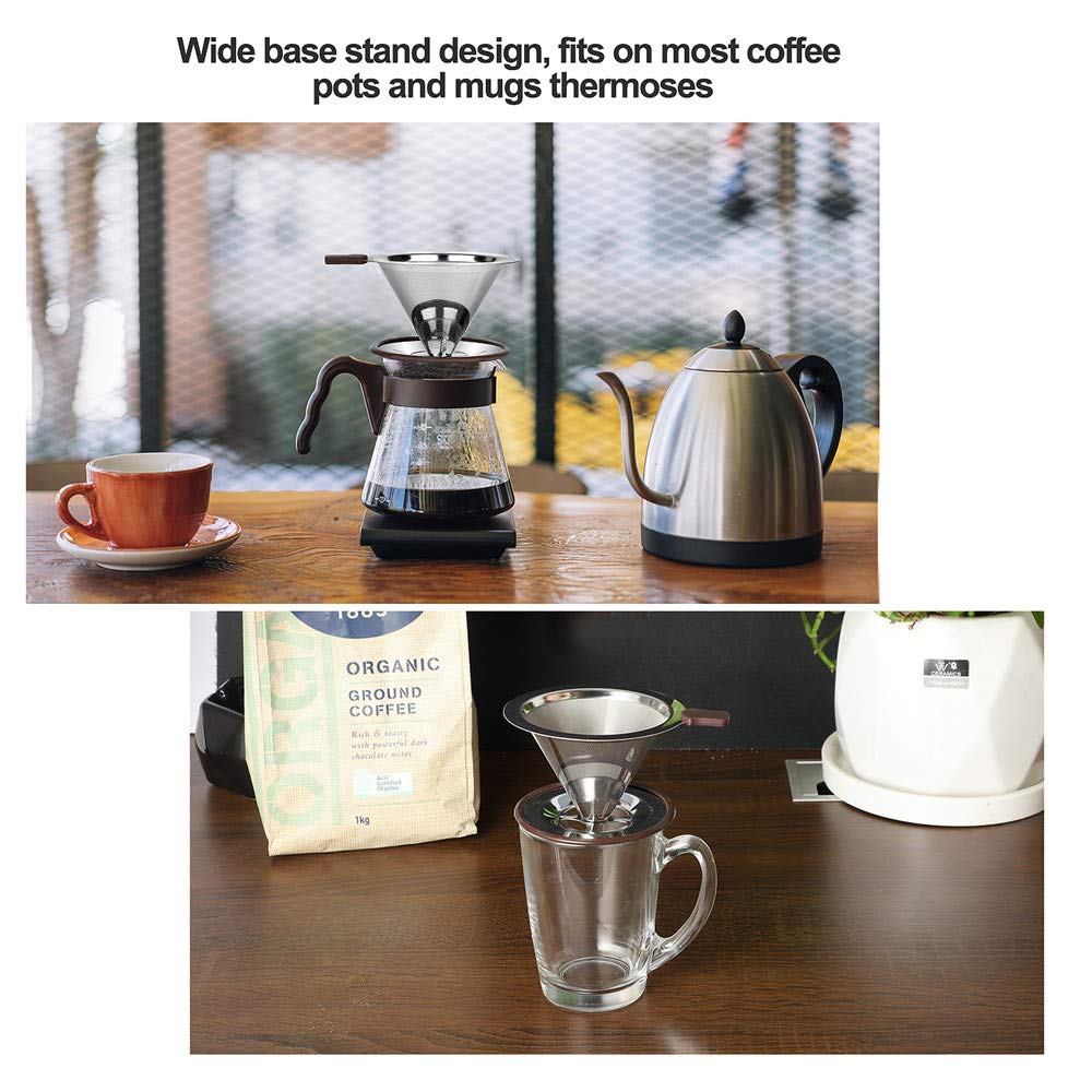 Filtro de café reutilizable sin papel, colador de café profesional de acero inoxidable, filtro de malla doble mejorado con soporte para tazas, 1-2 tazas