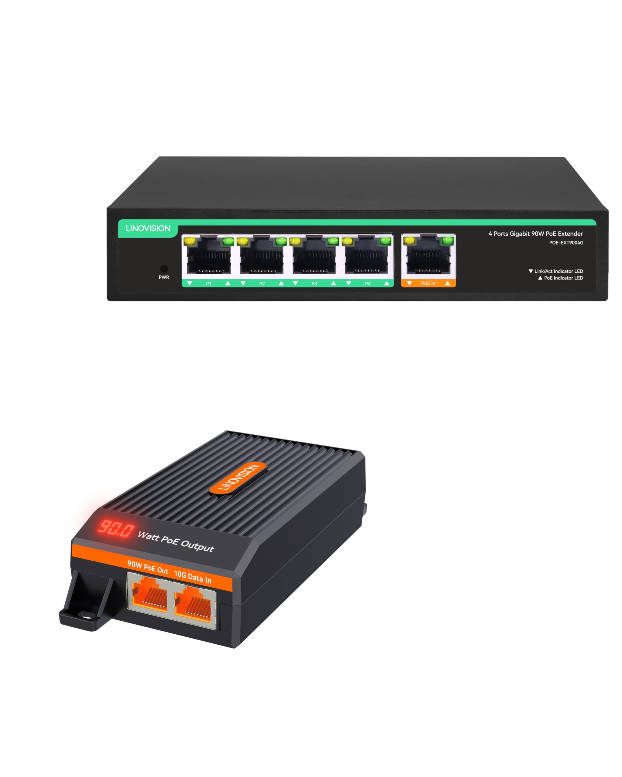 LINOVISION Injecteur PoE++ 10G BT90W et Prolongateur PoE++ 4 Ports BT90W | Injecteur PoE++ 10G avec Écran LED