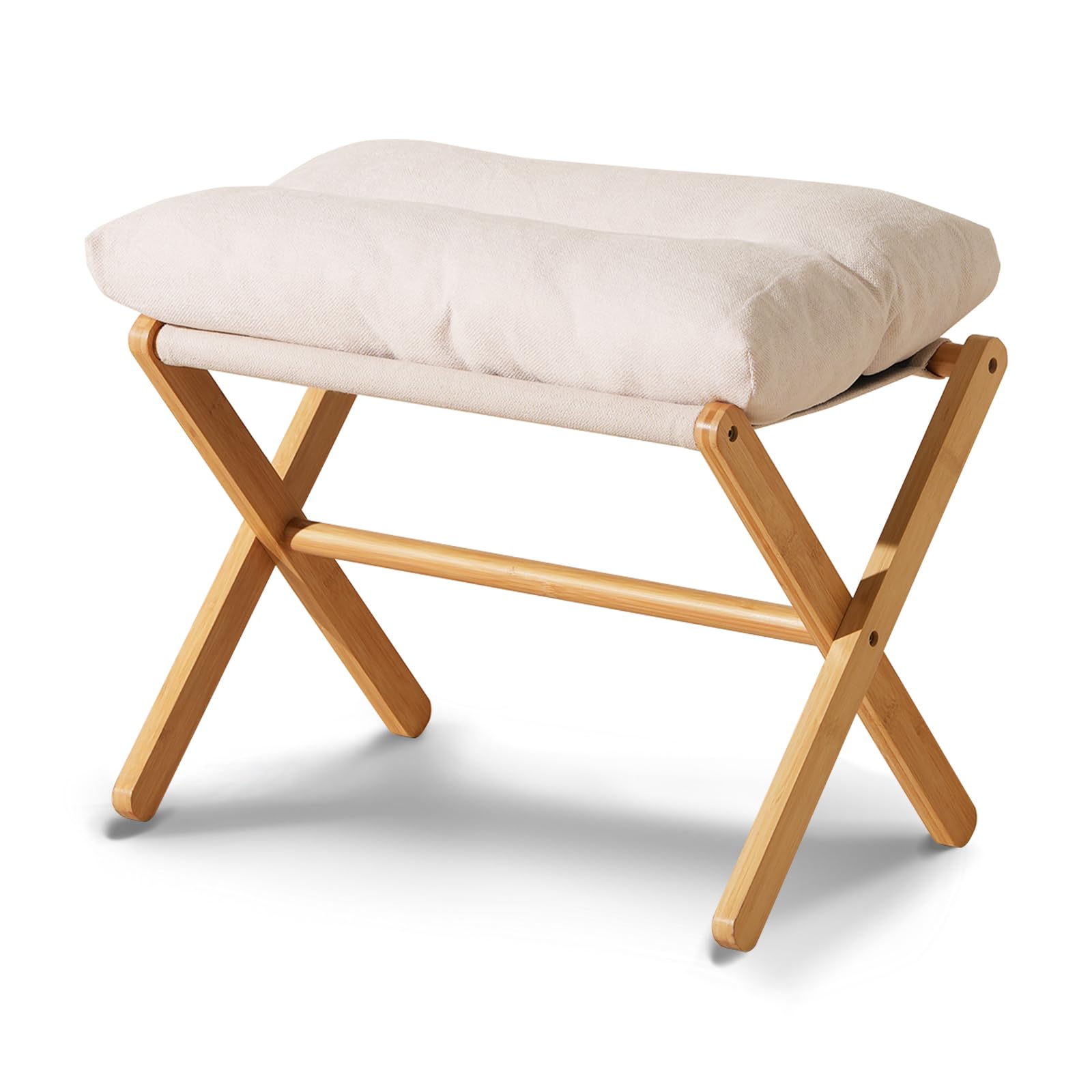 Photo 1 of Baveke Ottoman Foot Rest- Bamboo Foldable Stool, Foot Stools Small Ottman with Upholstered & X Legs, Folding Stool for Makeup, Bedroom and Living Room (Large Beige)