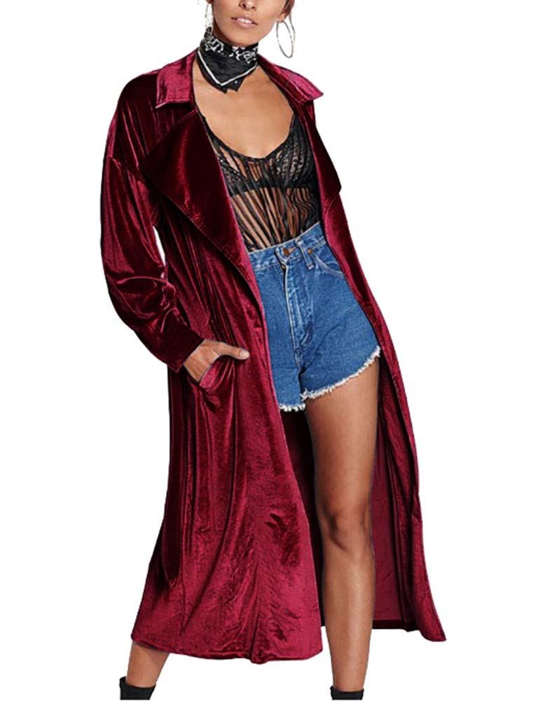 MissBloom Women Casual Lapel Outwear Velvet Duster Cardigan Draped Open Front Trench Coat Wine