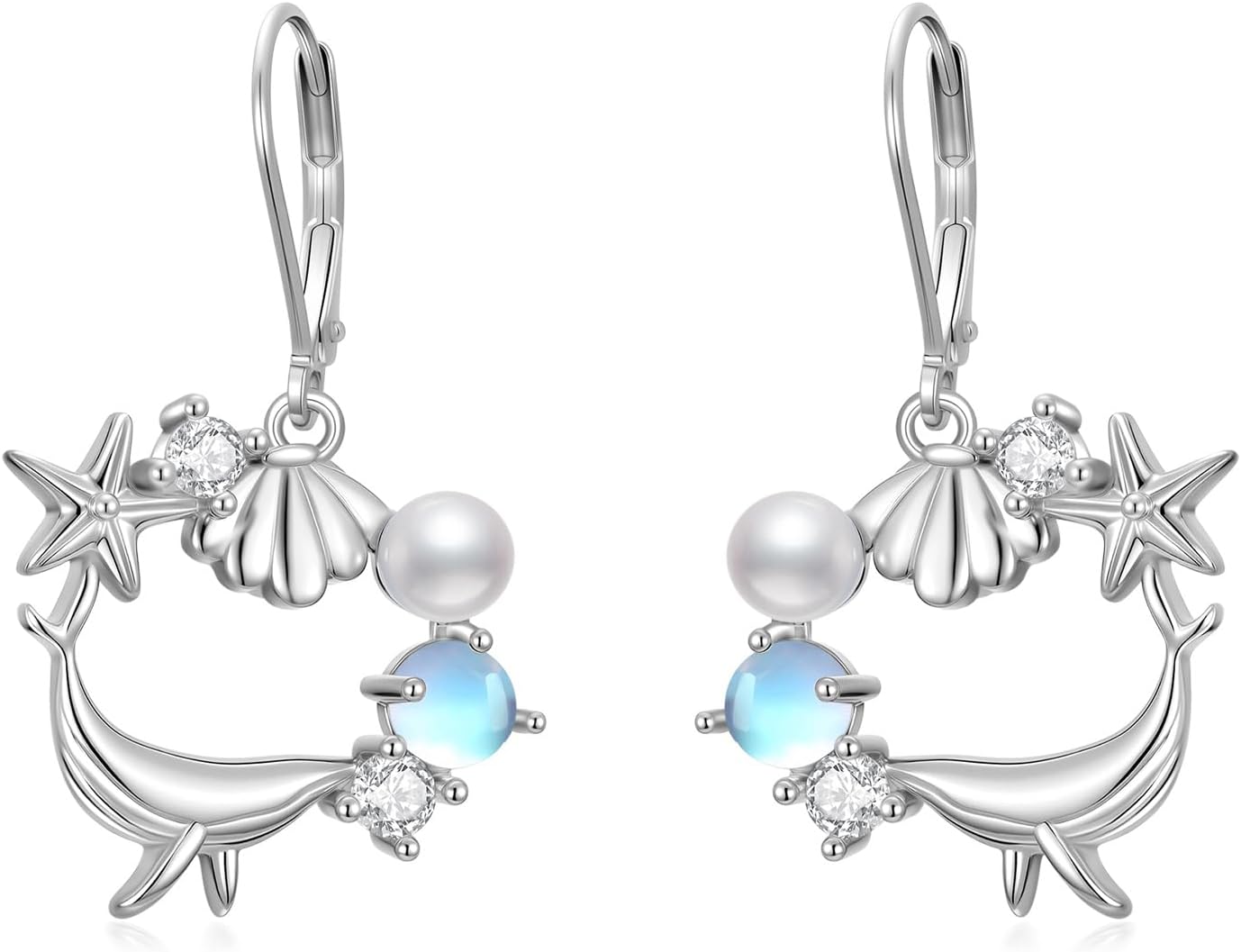 925 Sterling Silver Dolphin/Jellyfish/Shell Dangle Earrings, Mermaid Tail/Whale Ocean Animals Moonstone Earrings, Sea Animals Jewelry Gift for Women, Birthday Anniversary Mother's Day
