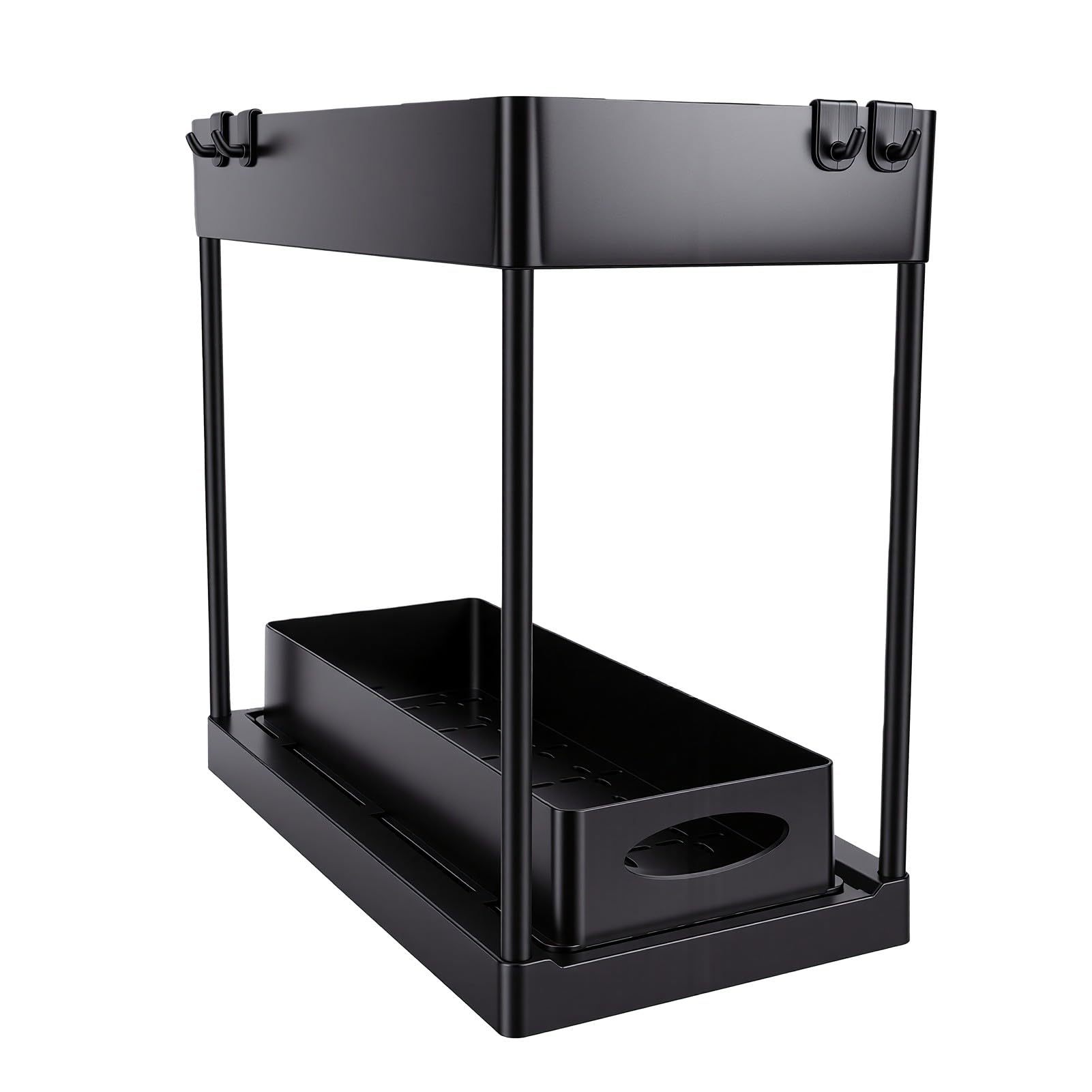 Cocoarm Organizer Pod Zlew, Dwupoziomowy Wysuwany, Cztery Haczyki (BLACK)