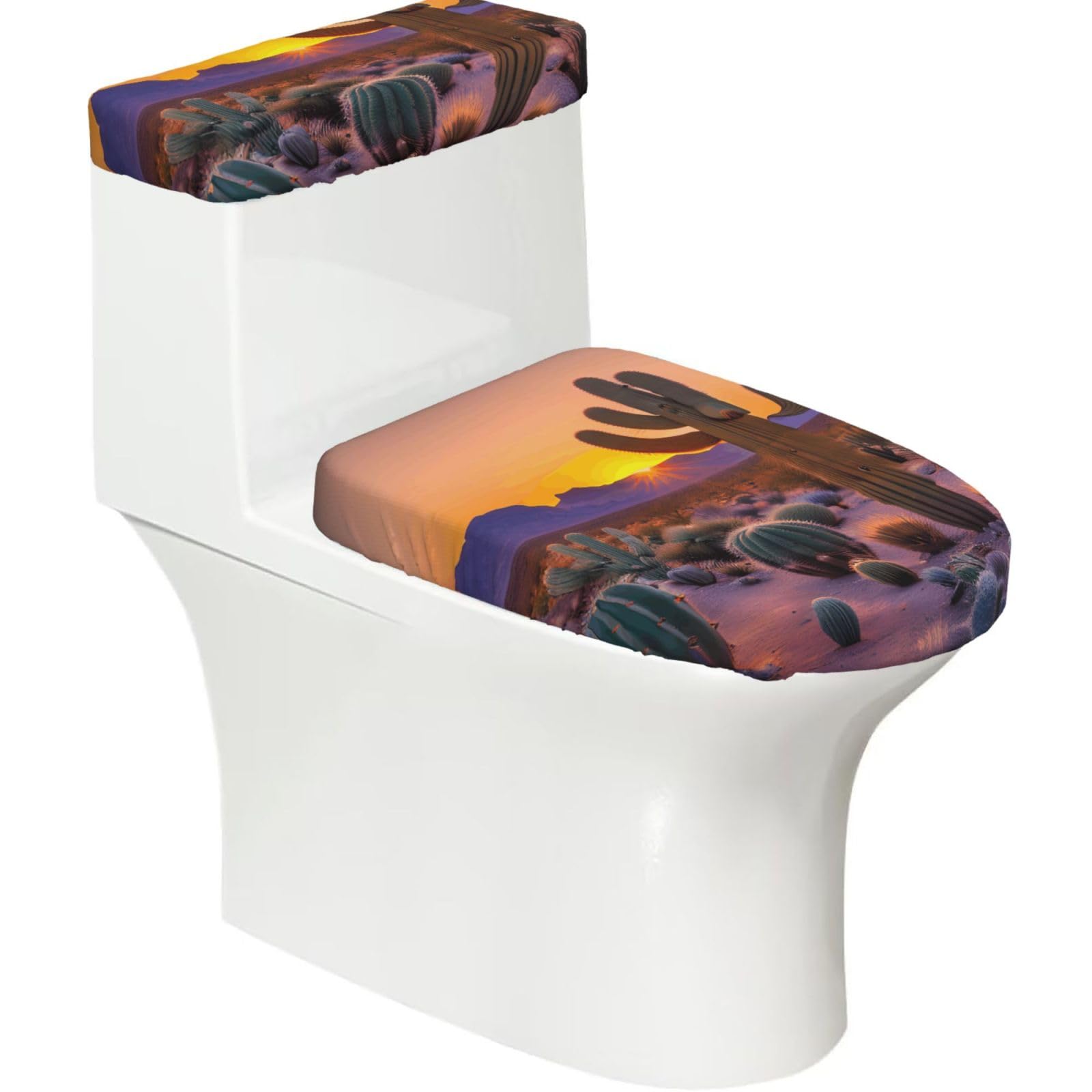 Cactus Desert Sunsets Printed Toilet Tank and Lid Cover Set of 2 for Most Bathrooms, Fits Elongated Round Toilets