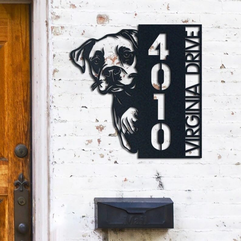 Personalized Boxer Dog Address Sign - Custom Metal House Number Plaque, Durable Outdoor Yard Sign, Energetic Dog Lover Home Decor. (Boxer Dog Address)