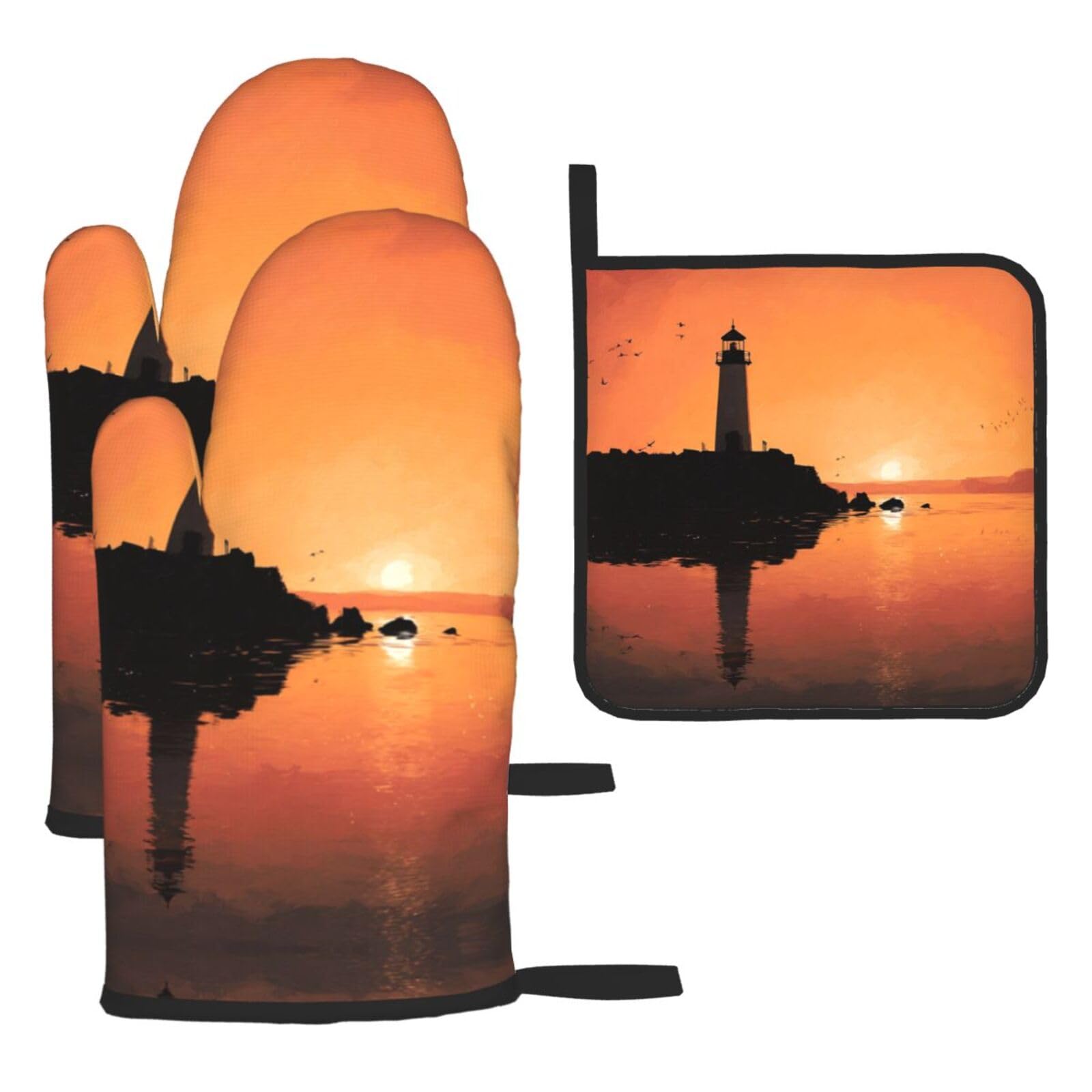 Oven Mitts and Pot Holders Set of 3 Heat Resistant Non-Slip Kitchen Gloves Hot Pads Lighthouse Sunrise Mittens Non-Slip Potholders for Cooking Baking Grilling BBQ