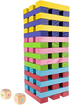 HEY! PLAY! Nontraditional Giant Wooden Blocks Tower Stacking Game with Dice, Outdoor Yard Game, for Adults, Kids, Boys and Girls Rainbow Color