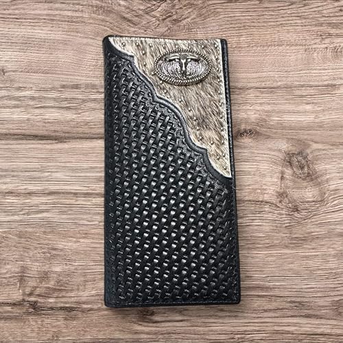 Western Long Leather Wallet for Men – Basketweave Tooled with Cowhair Inlay and Large Longhorn Concho – Cowboy Rodeo Style2