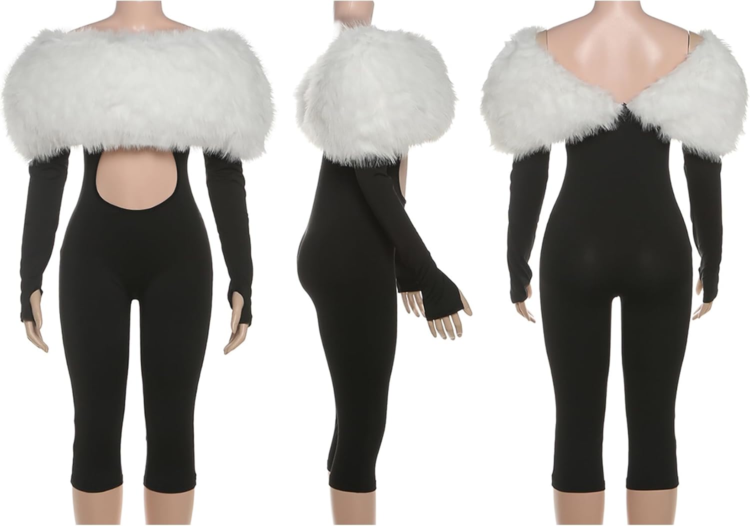 Vakkest Womens Sexy Romper Off Shoulder Faux Fur Neckline Hollow Out One Piece Bodycon Jumpsuits Party Clubwear Outfits - Image 6