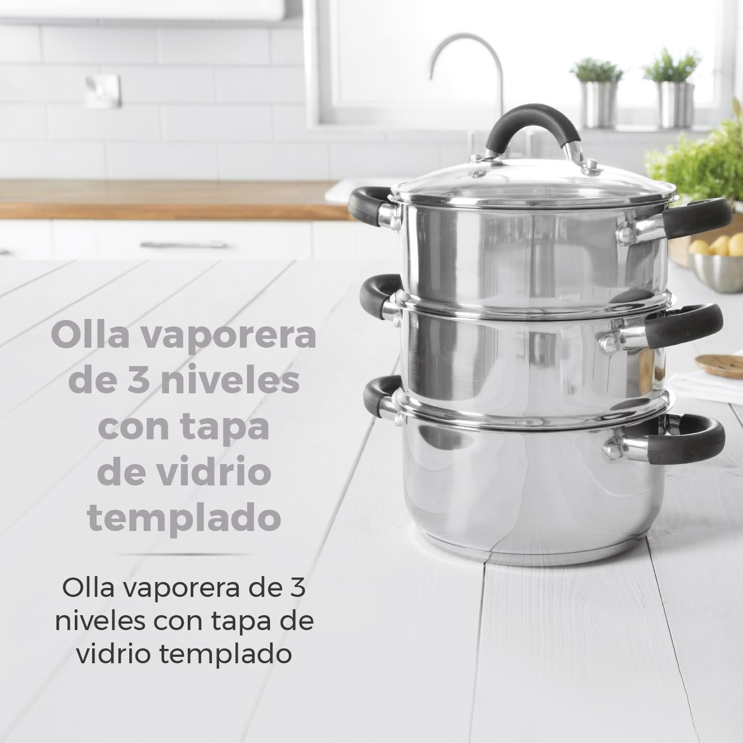 Tower Essentials T80836 Olla de Acero Inoxidable Pulido para Cocinar al Vapor de 3 Niveles con Tapa de Cristal – Cacerola para Inducción con Asas de Silicona – 18 cm