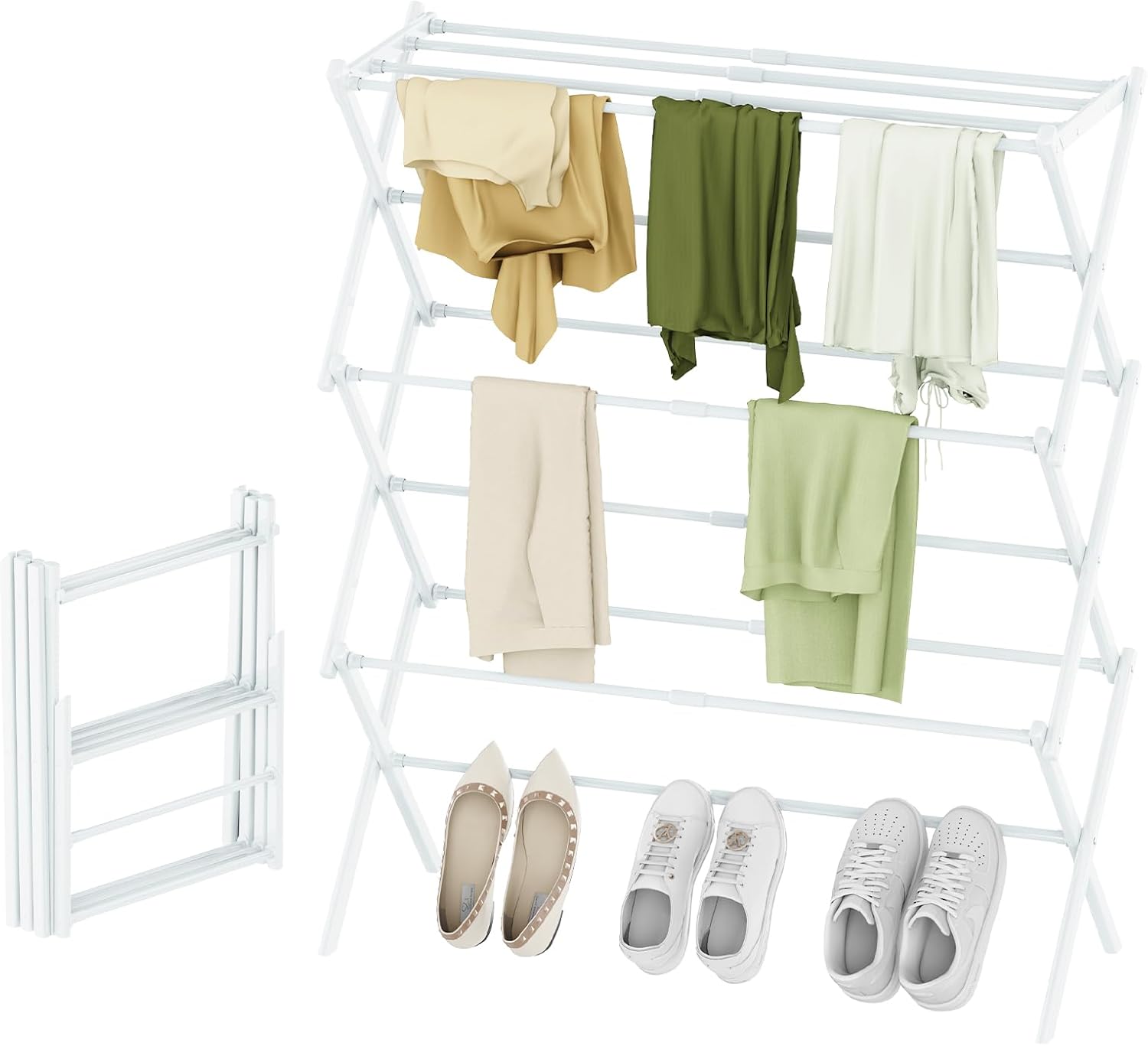 Foldable Drying Rack Clothing, 3-Tier Portable Clothes Drying Racks for Indoor & Outdoor, Anti-Rust Compact Laundry Rack Collapsible, White 29" D x 14" W x 41" H White 29"D x 14"W x 41"H