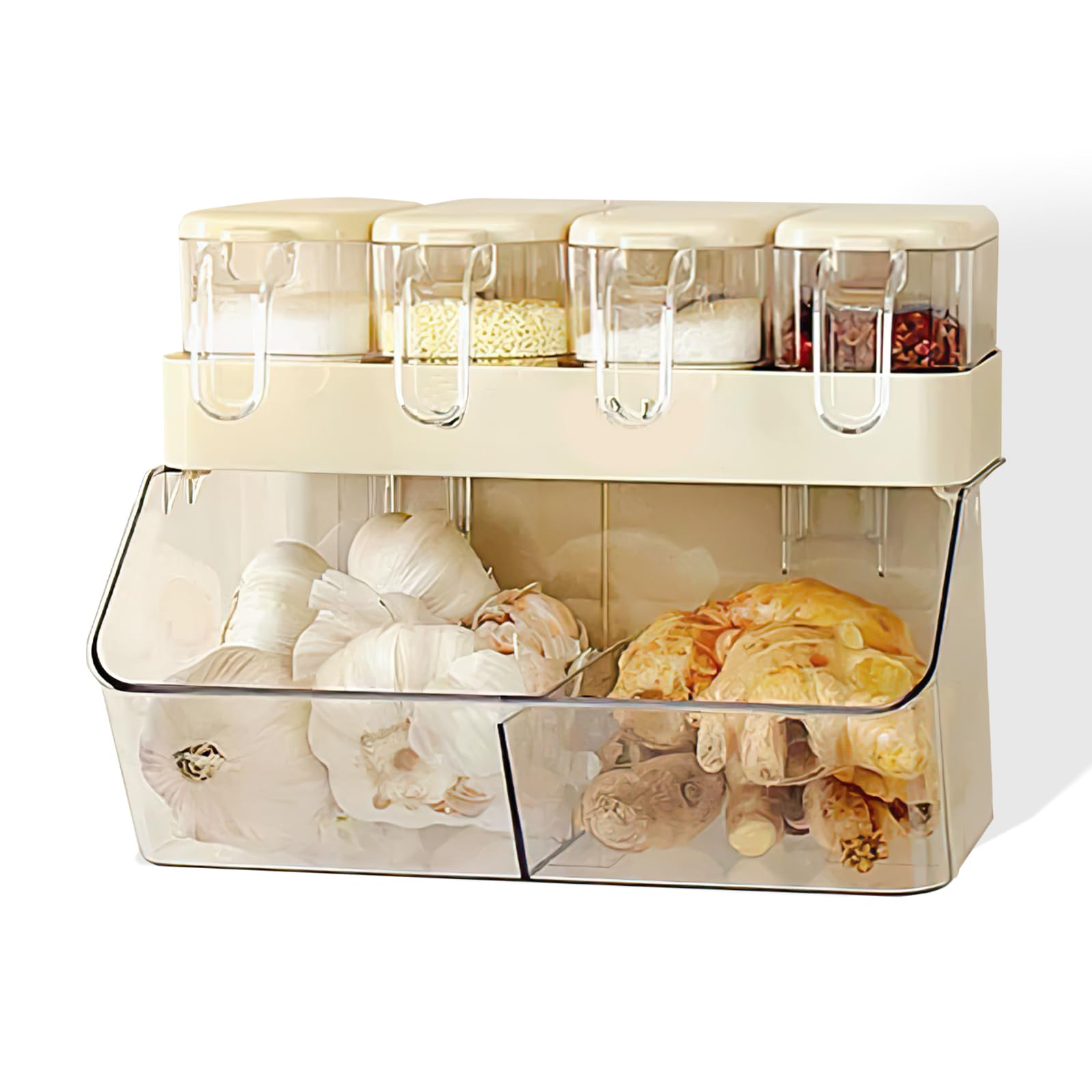 Photo 1 of ***,missing part ***Beciway 3-Section Wall Mounted Kitchen Storage Rack, No-Drill Organizer Shelf, Food-Grade Plastic, Cream White, Space-Saving Spice Rack for Garlic, Ginger & Condiments