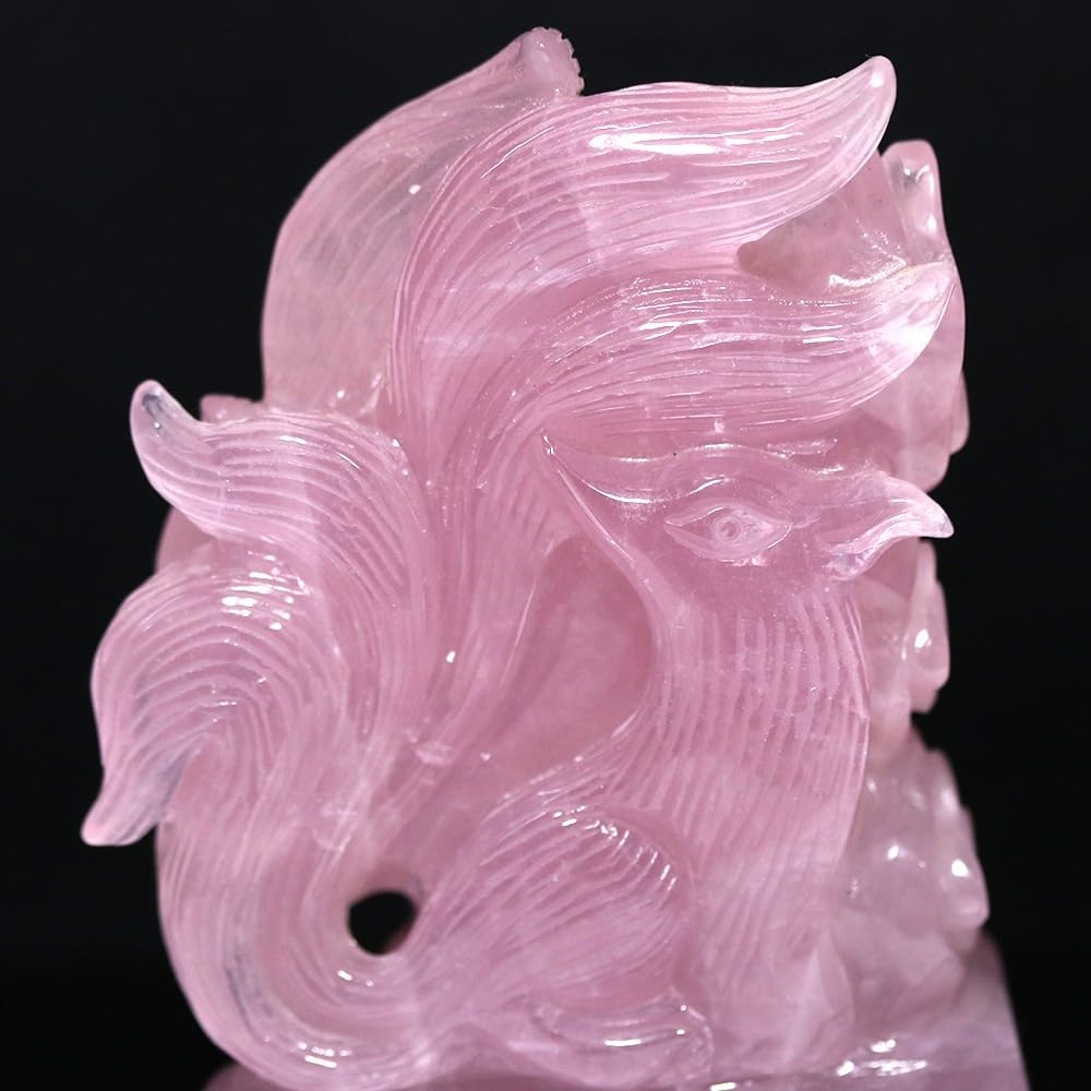 天然石ローズクォーツの九尾狐 置物 彫物NO.041109