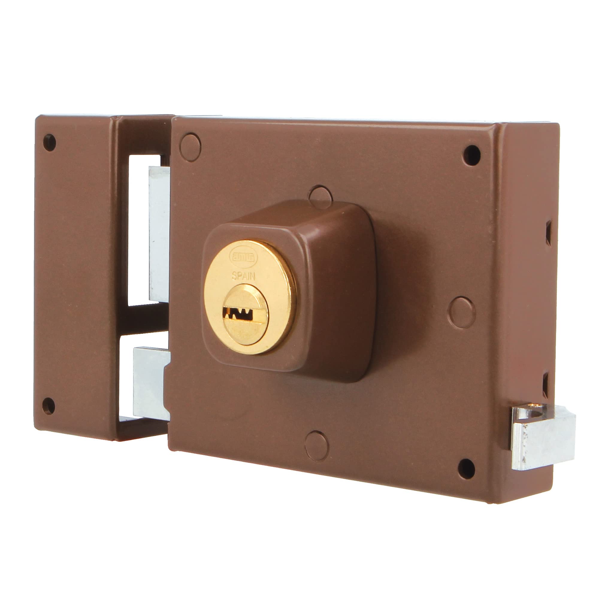 Amig - Serratura Sovrapposizione Sinistra Mod. 72 - Con leva, linguetta e maniglia - Sicurezza migliorata con cilindro rotondo, per porte in legno, marrone, 100 x 85 mm