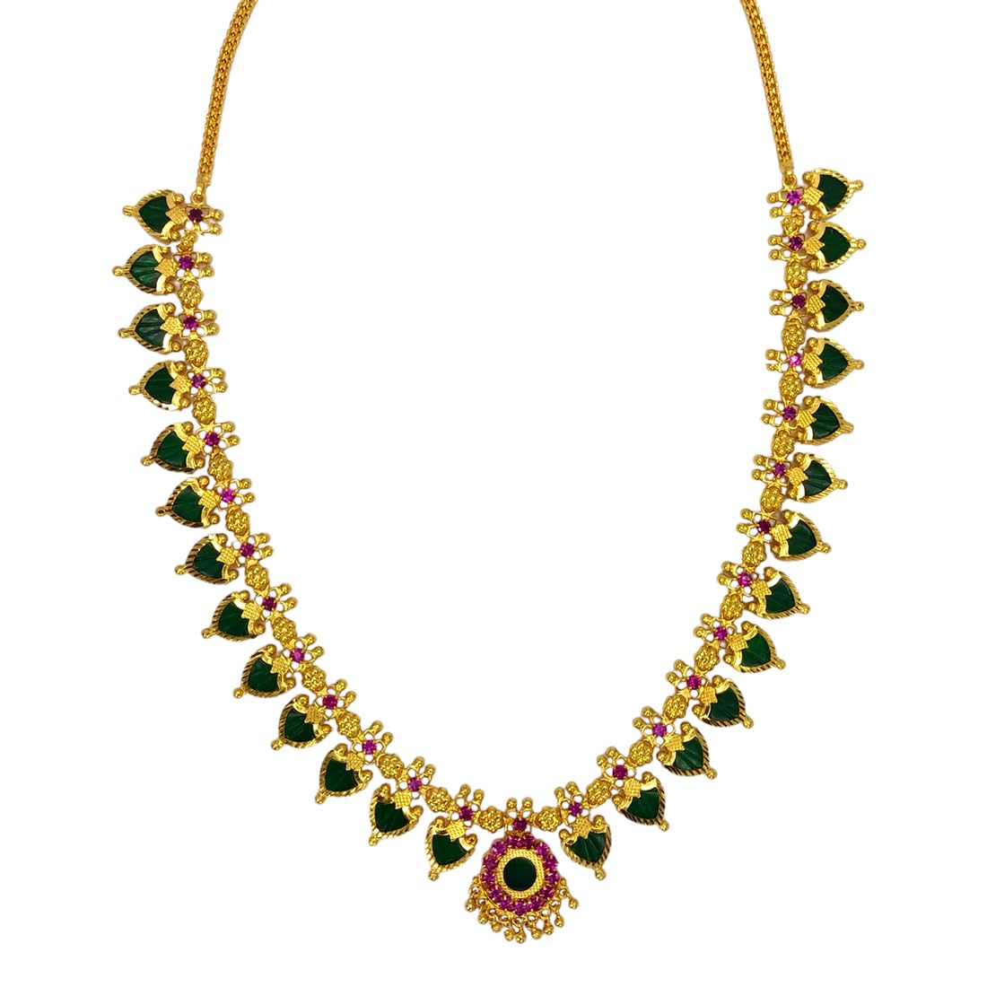 Kerala Traditional Gold Plated Brass Green Palakka Necklace For Womens-image-17