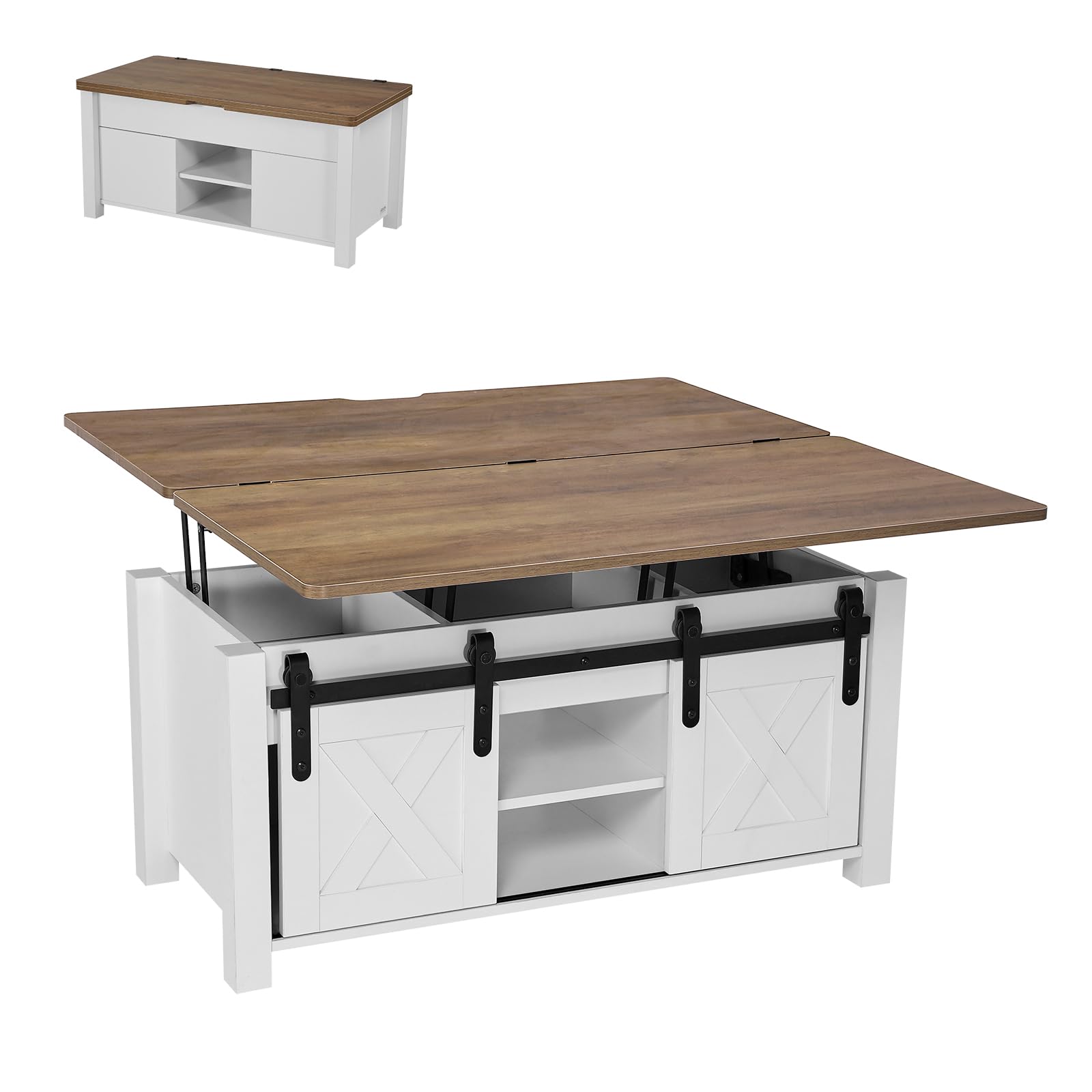 VEVOR 39 4 in Farmhouse Lift Top Coffee Table Rustic Center Table with Barn Door and Hidden Storage