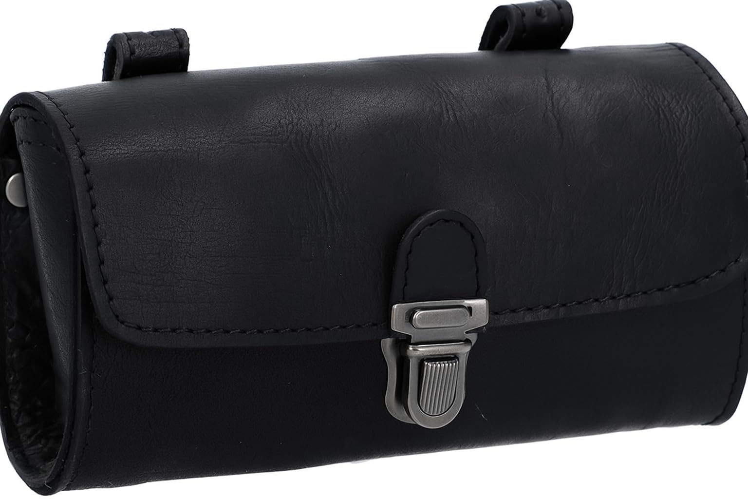 Borsa da moto vintage, in vera pelle di capra, con fibbia a 2 cinghie, borsa porta attrezzi, con chiusura rapida, rinforzata, per manubrio, forcelle, borsa da bicicletta, nero (Black sissy bar)