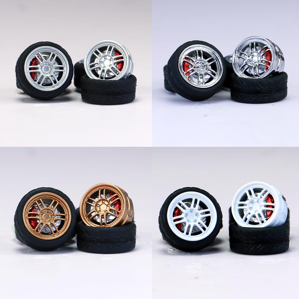 1/64 Wheels and tires for Upgraded Mainline Cast Model Car,Diameter is 0.39In, Double-shaft, 4 Sets/Pack, ABS wheels with Rubber Tires Rivet Shaft with Brake Pads (Series X(4 sets))