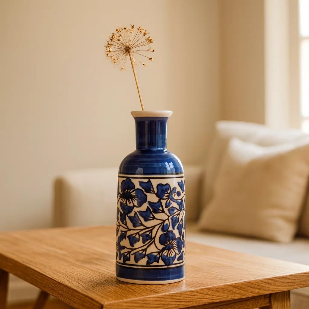 SPHINX Decorative Ceramic Vase, Flower Vase, Pampas Grass Vase, Vase for Money Plant Live Plants, Centrepiece for Home, Office,Gifts - (Mughal Floral Blue Pottery Art, 8 Inches)