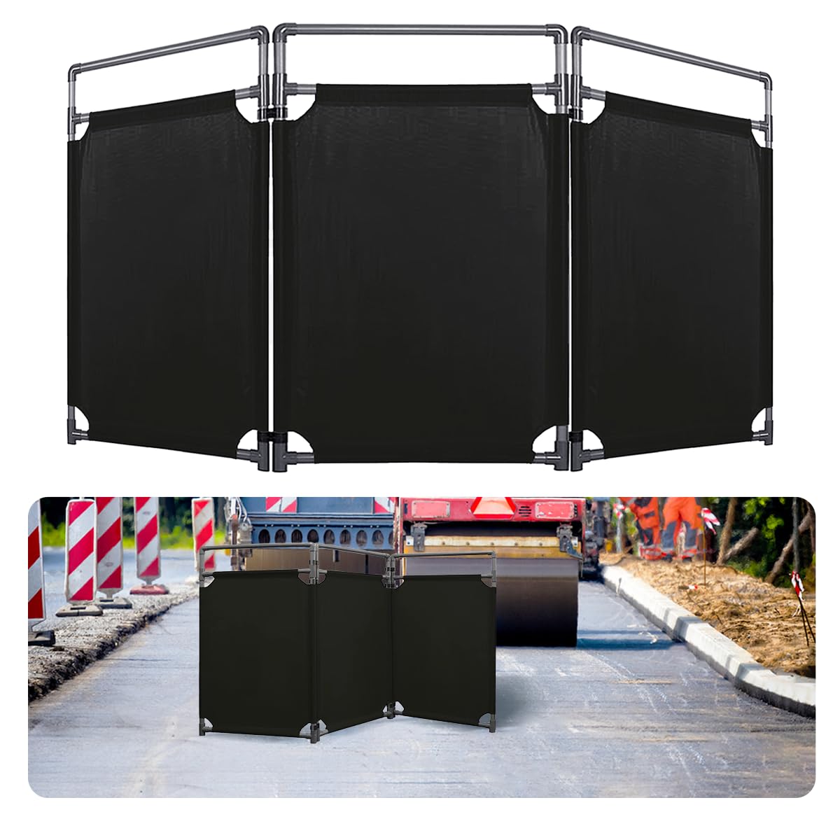 3 Panels Safety Barricade, 5.8FT Removable Foldable Security Gates Barrier with Heavy Duty PVC Frame, Black Color Easier to Identify, Barricade for