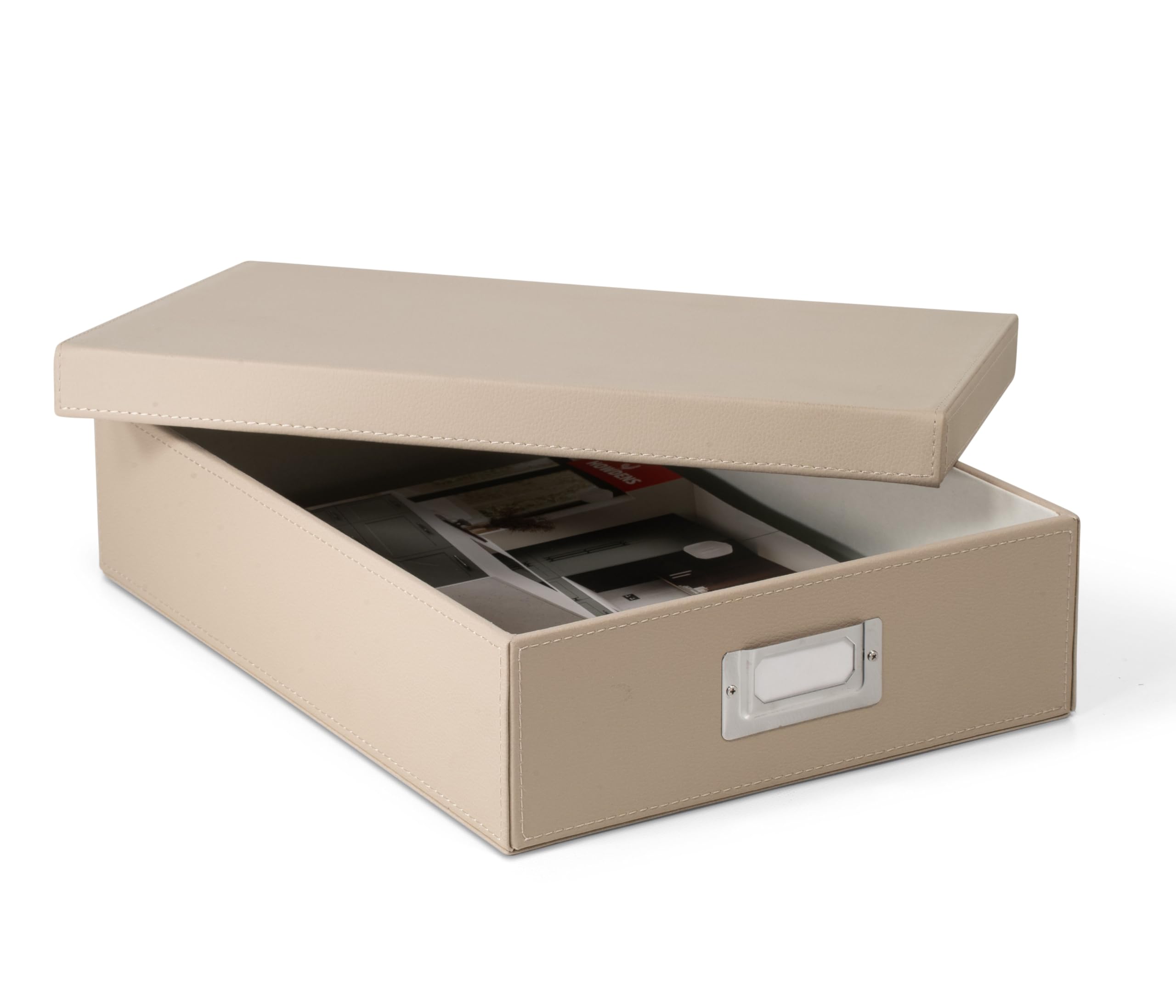 Osco Light Taupe Faux Leather A4 Document Storage Box With Lid, Stackable Desk Paperwork Organiser For A4 Files Envelopes, Durable Filing Solution For Home Or Office, 8.5×25×33.5 Cm,