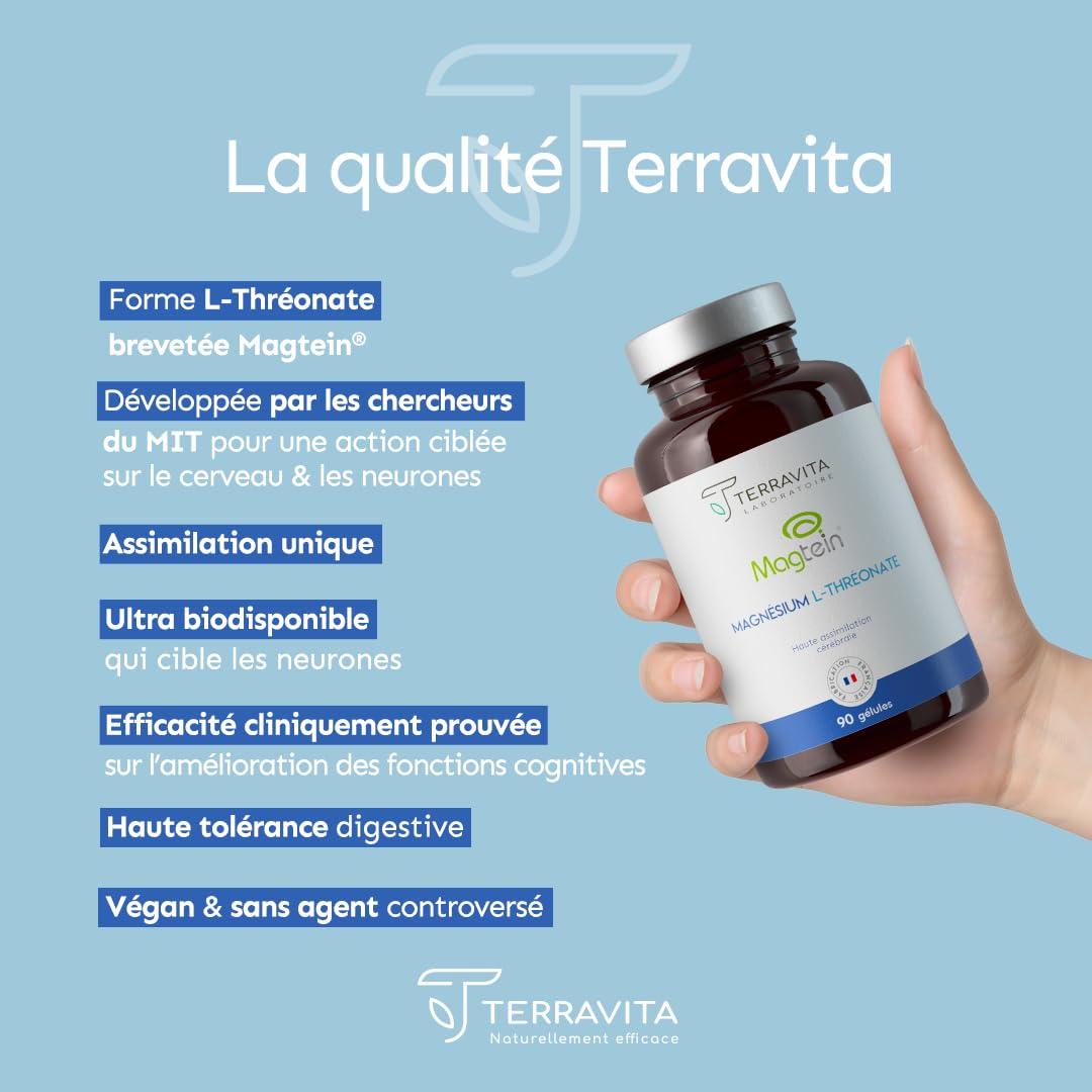 Magnésium L-Thréonate Magtein® | 2000 mg par Dose | Capacités Cognitives : Apprentissage, Mémoire et Concentration | Assimilation Cérébrale Inégalée | 90 Gélules Vegan | Made in France | Terravita