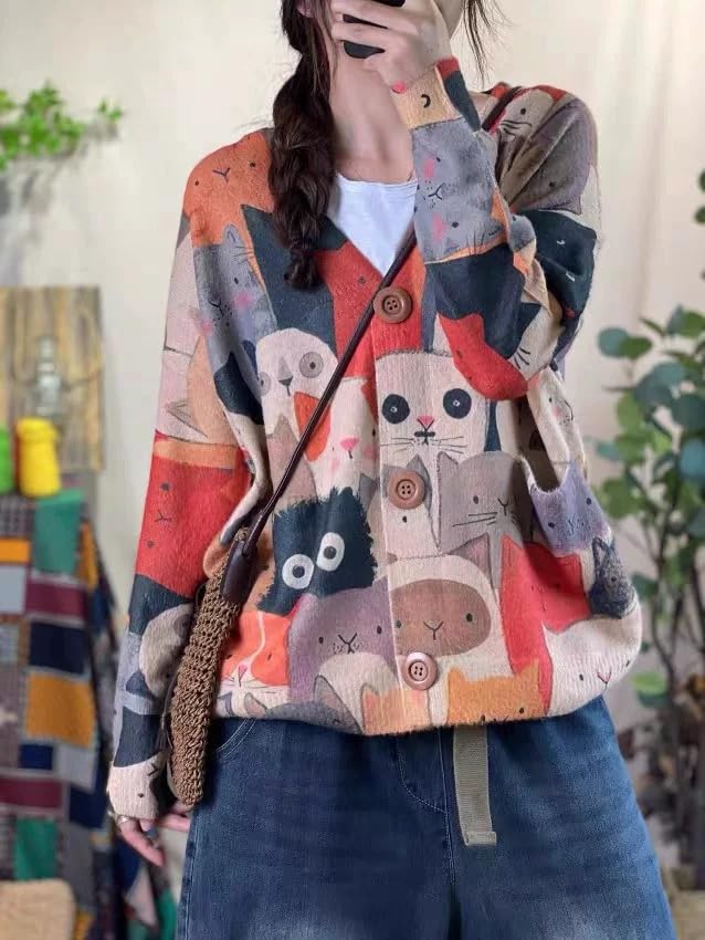 Image of TBUS Women's V Neck Oversized Cat Print Cardigan, Boho Patchwork Knit Sweater Long Sleeve Button Front with Pockets