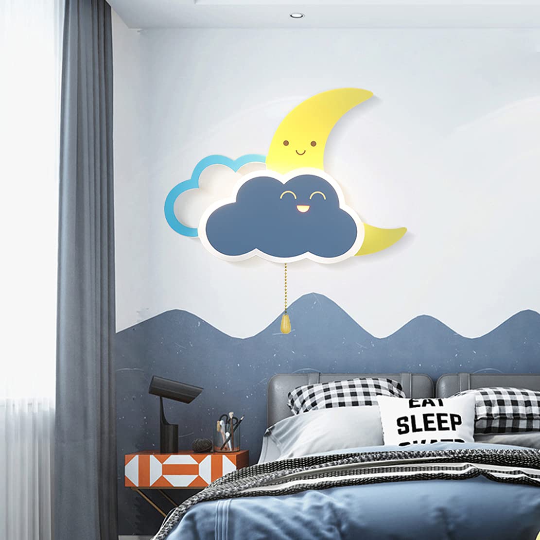 Lampa ścienna LED 8 W z włącznikiem, do pokoju dziecięcego, sypialni, lampka nocna, 3000 K, ciepła biel, 640 lm, dekoracja chmury, księżyc, metalowa lampka na stolik nocny, dla chłopców i dziewczynek